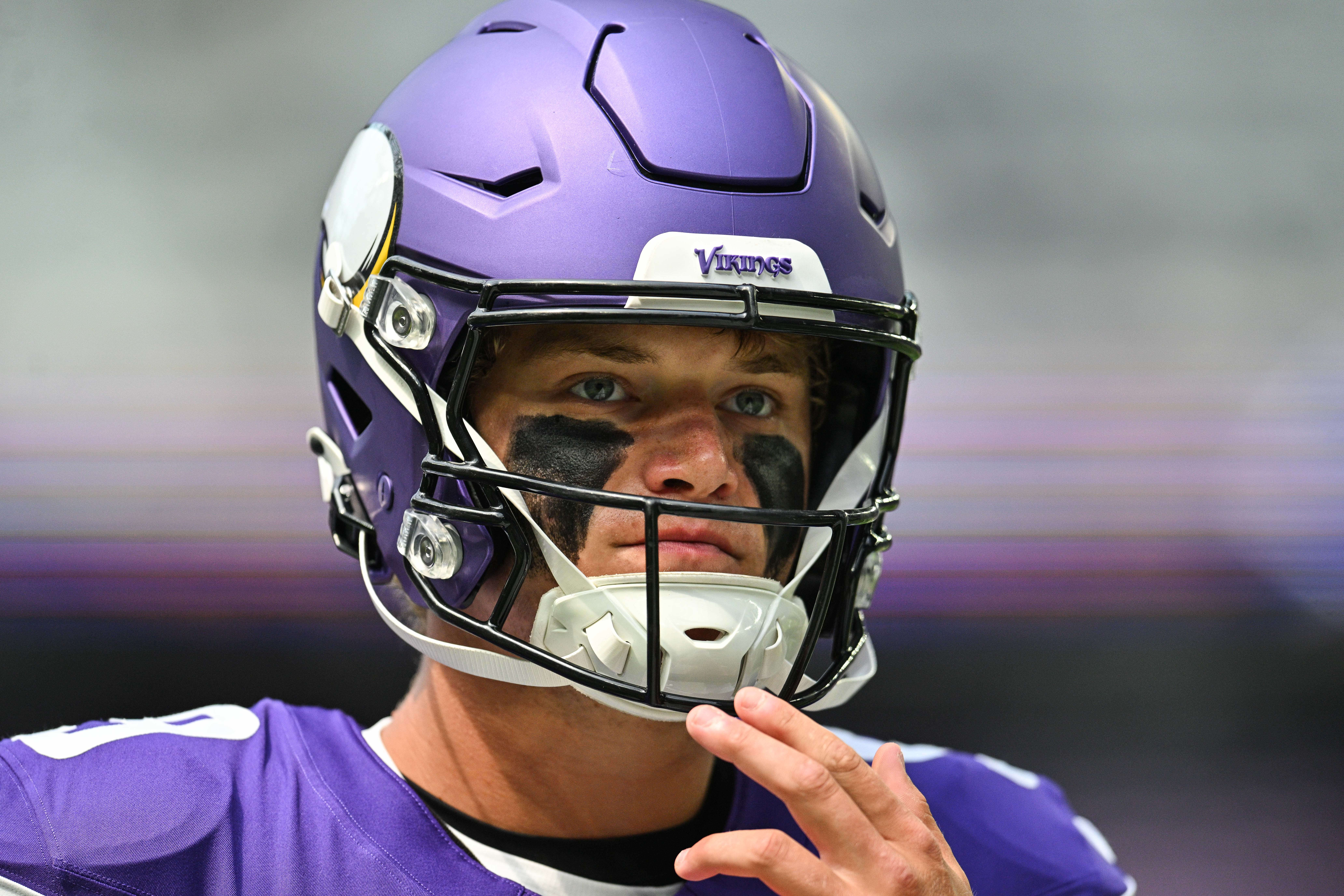 Aug 9, 2025; Minneapolis, Minnesota, USA; Minnesota Vikings quarterback J.J. McCarthy (9) warms up before the game against the Houston Texans at U.S. Bank Stadium.