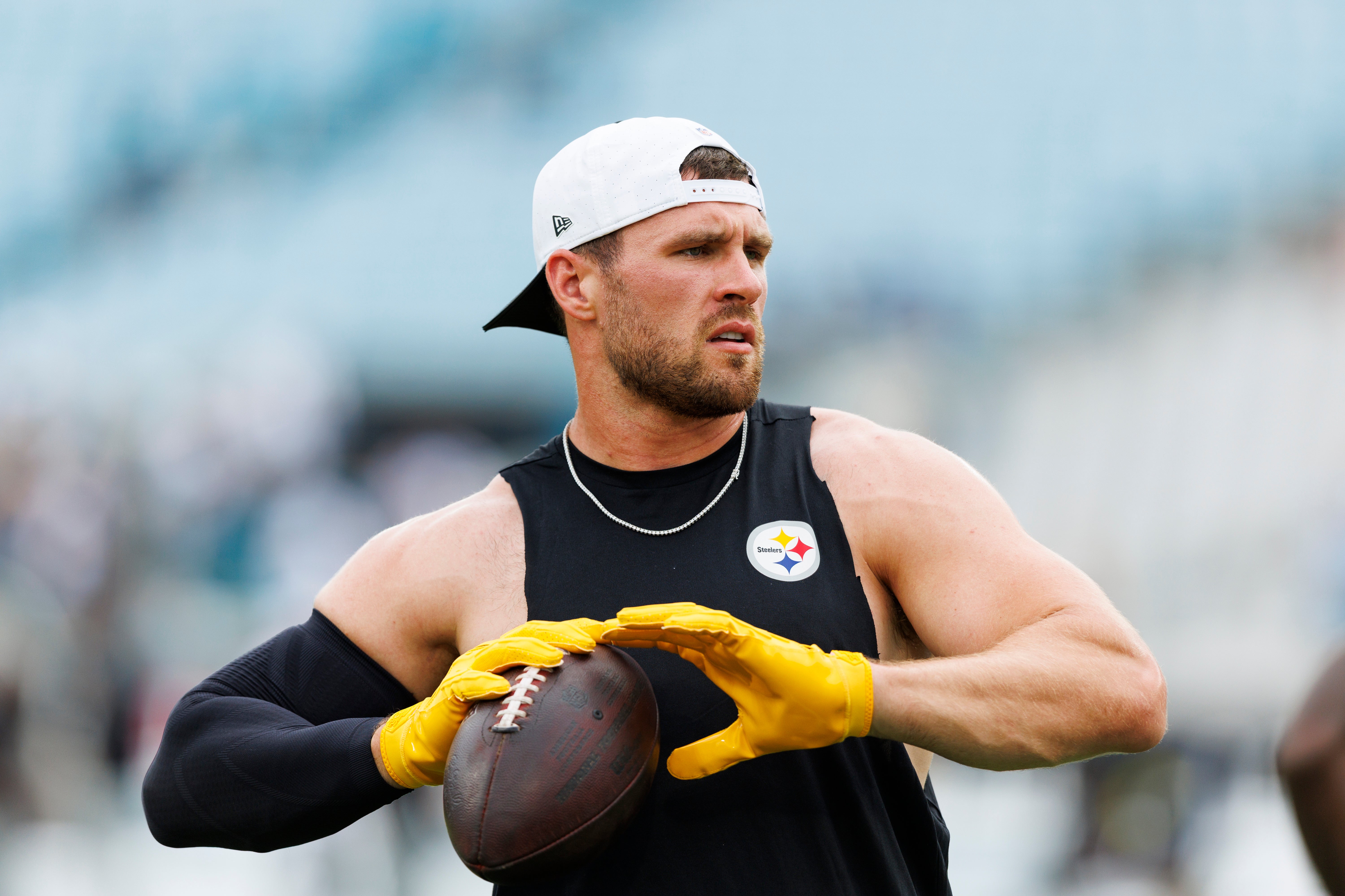 Aug 9, 2025; Jacksonville, Florida, USA; Pittsburgh Steelers linebacker T.J. Watt (90) warms up before the game against the Jacksonville Jaguars at EverBank Stadium.