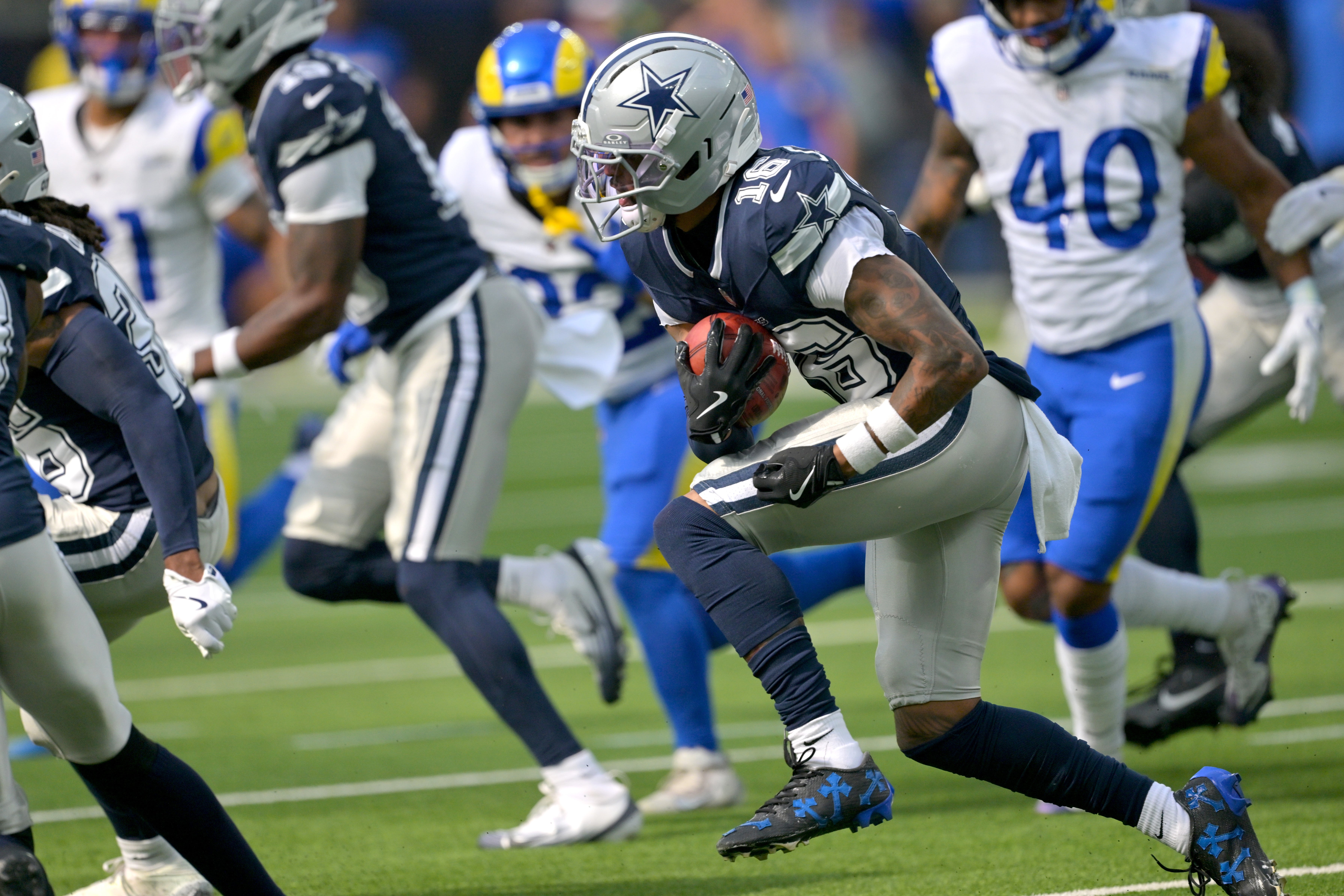 Aug 9, 2025; Inglewood, California, USA; Dallas Cowboys wide receiver Jalen Cropper (16) carries the ball during the first half against the Los Angeles Rams at SoFi Stadium.