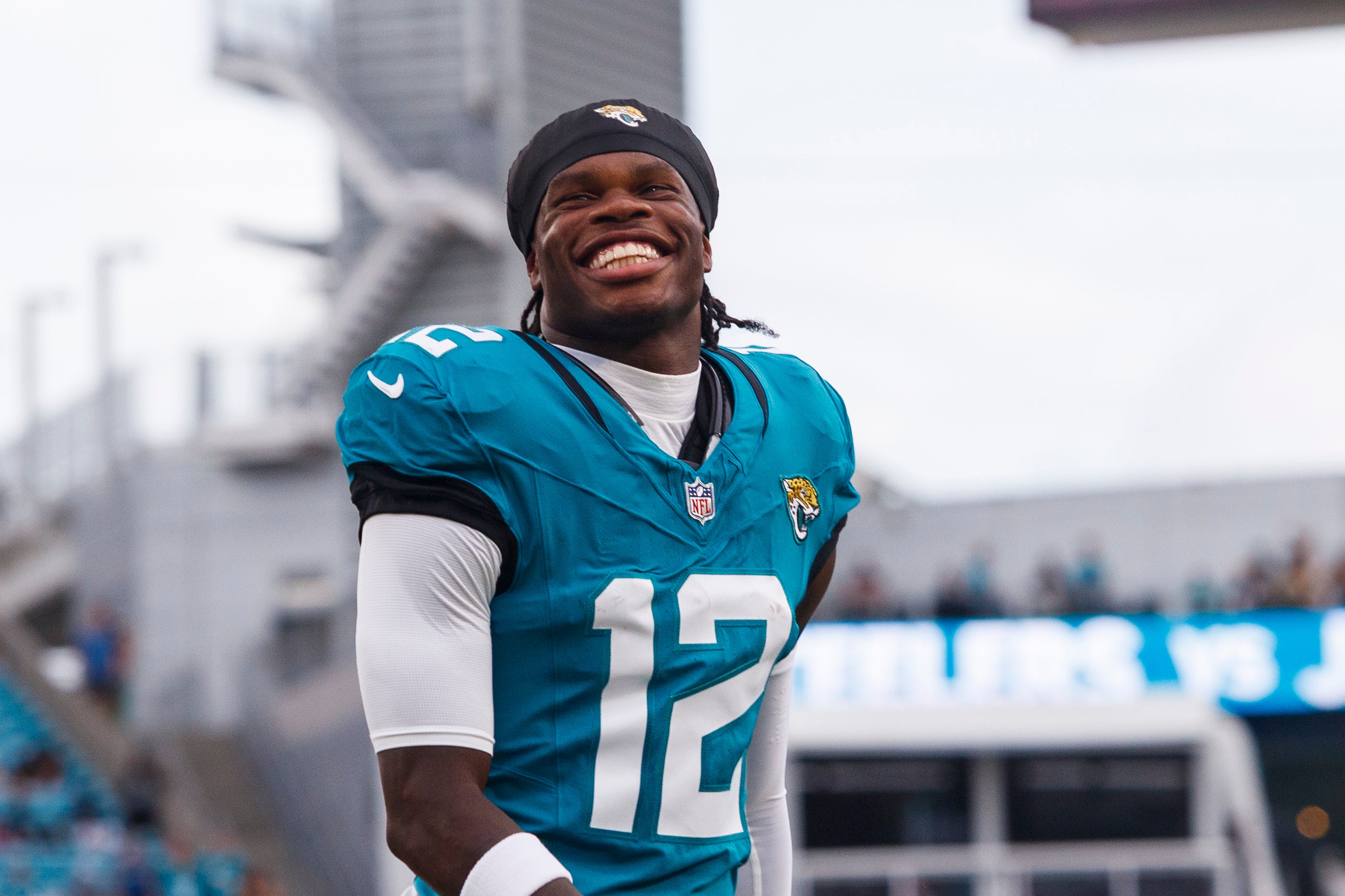 Aug 9, 2025; Jacksonville, Florida, USA; Jacksonville Jaguars wide receiver Travis Hunter (12) before the game against the Pittsburgh Steelers at EverBank Stadium.