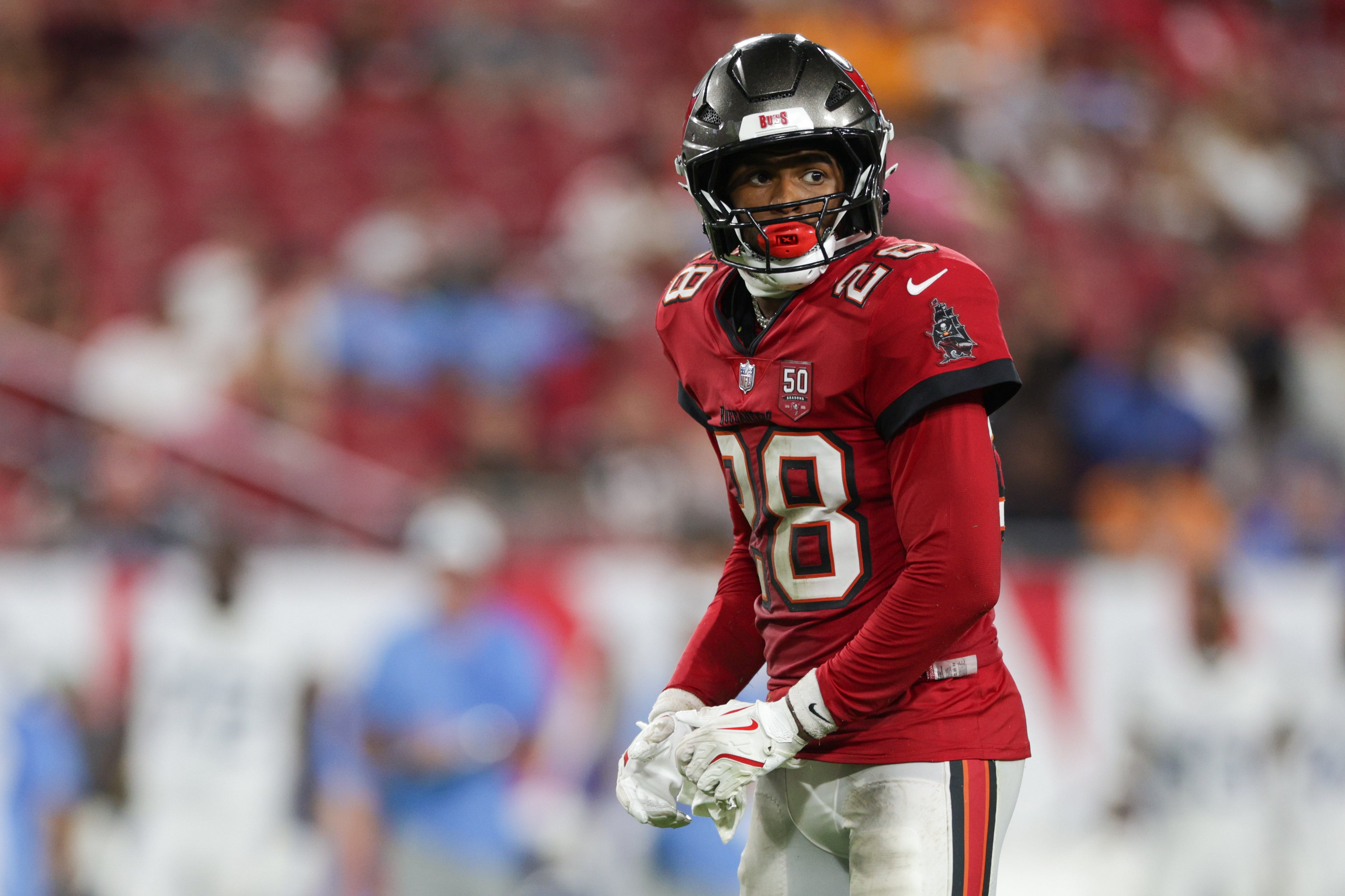 Aug 9, 2025; Tampa, Florida, USA; Tampa Bay Buccaneers safety Shilo Sanders (28) looks on during a preseason game against the Tennessee Titans in the fourth quarter at Raymond James Stadium.