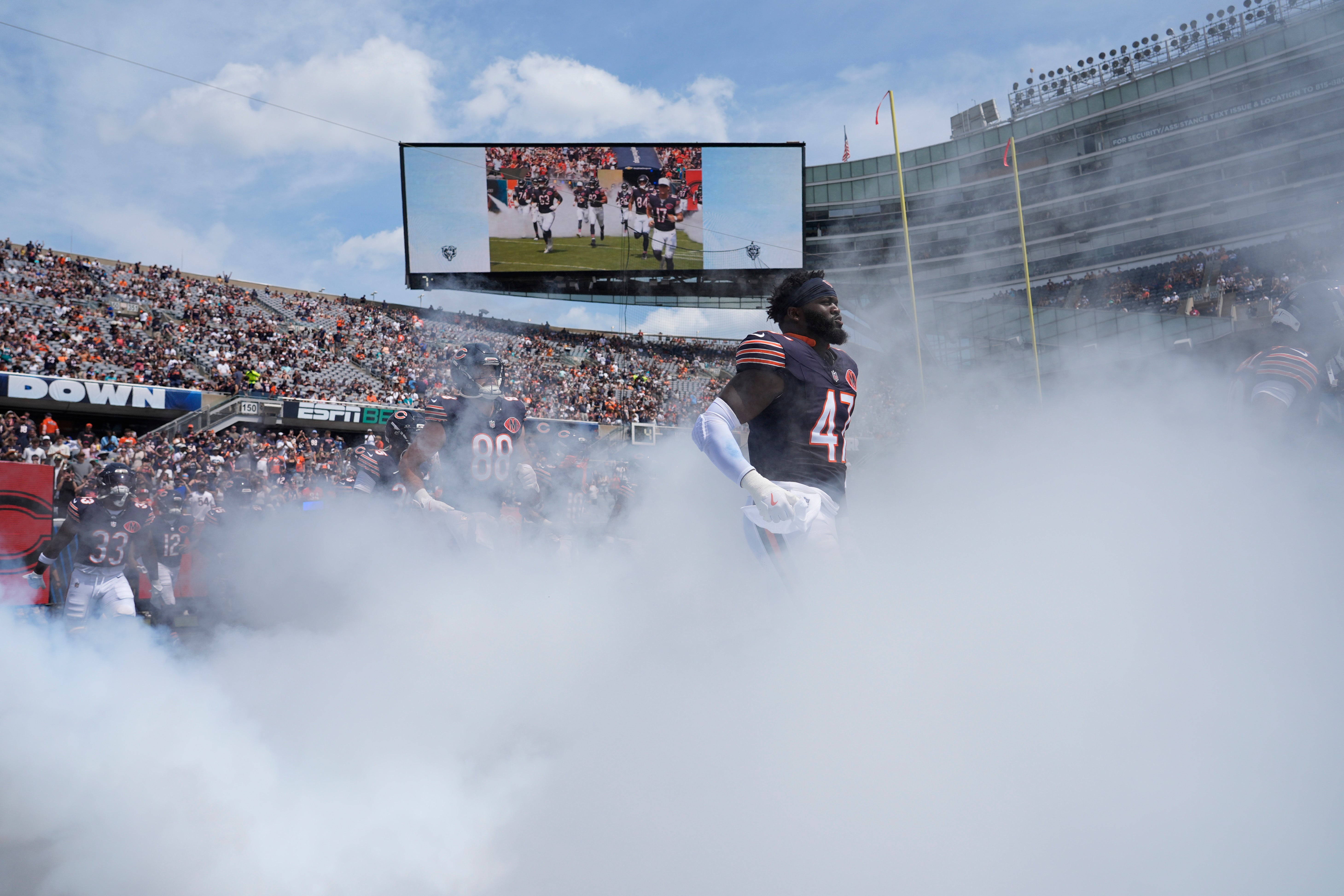 Aug 10, 2025; Chicago, Illinois, USA; Chicago Bears linebacker Ruben Hyppolite II (47) takes the field against the Miami Dolphins at Soldier Field.