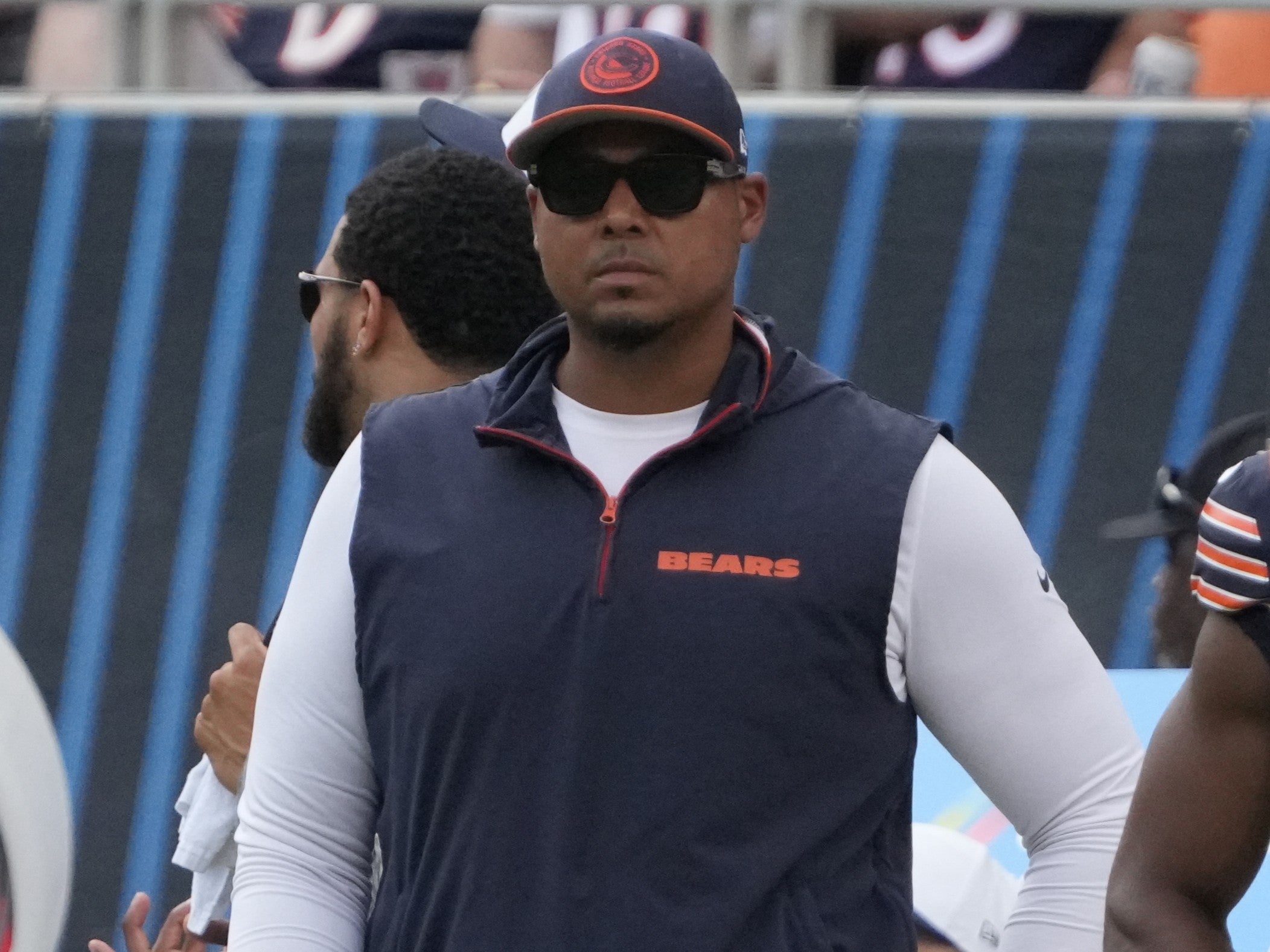 Aug 10, 2025; Chicago, Illinois, USA; Chicago Bears general manager Ryan Poles on the sidelines during the second half against the Miami Dolphins at Soldier Field.
