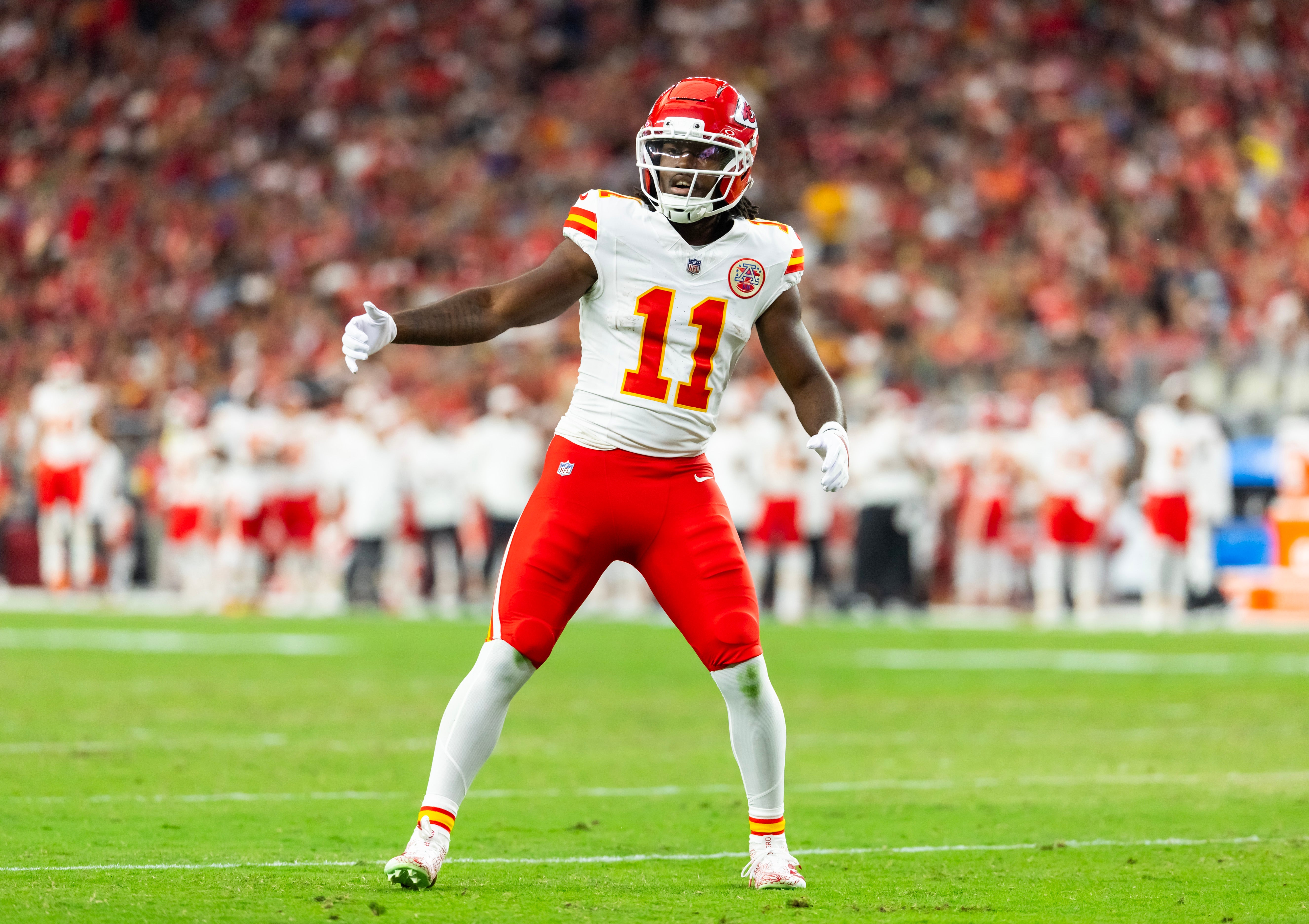 Aug 9, 2025; Glendale, Arizona, USA; Kansas City Chiefs wide receiver Jalen Royals (11) against the Arizona Cardinals during a preseason NFL game at State Farm Stadium.