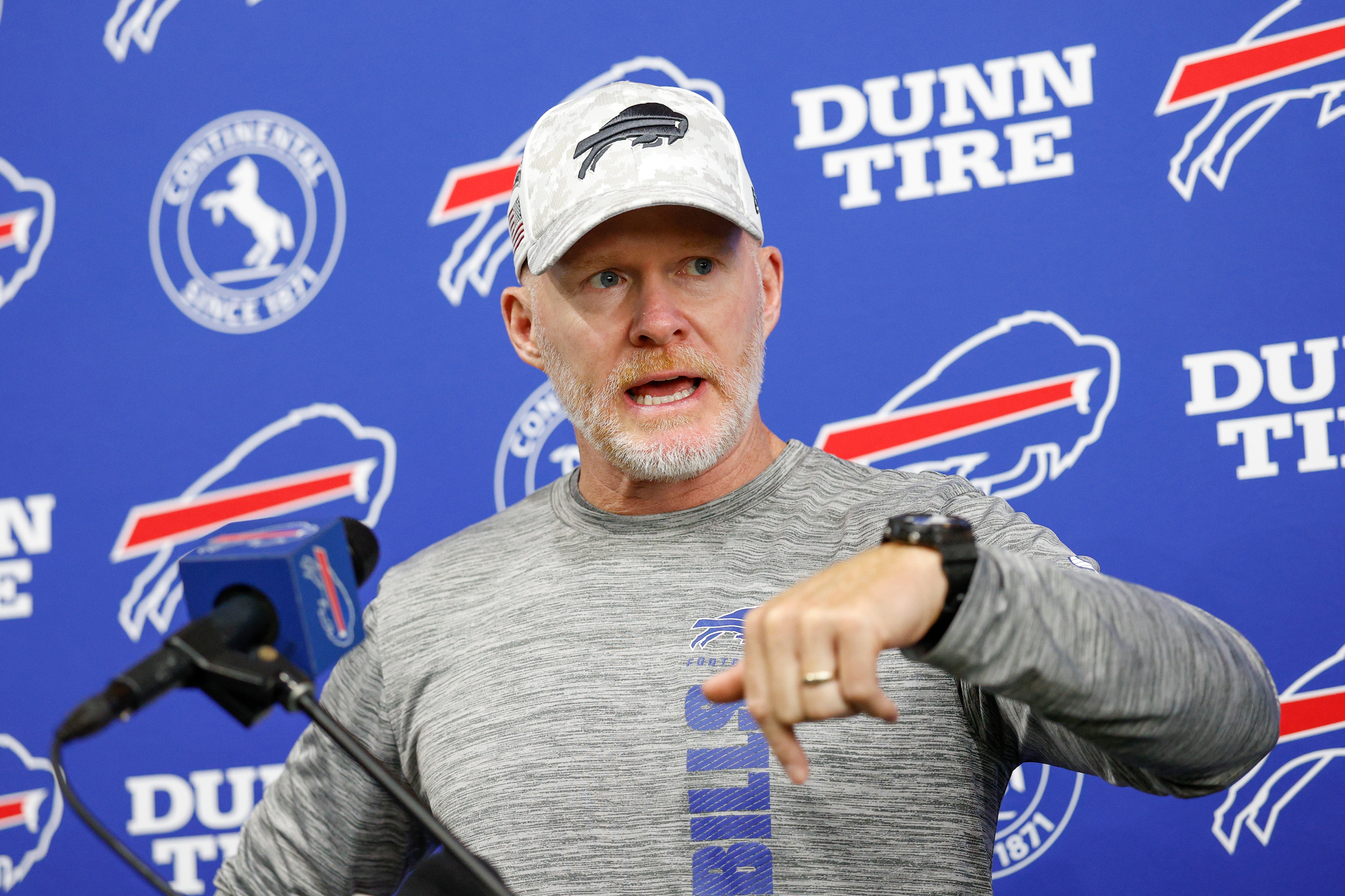 Aug 15, 2025; Lake Forest, IL, USA; Buffalo Bills head coach Sean McDermott addresses the media at Halas Hall before joint training camp practice with the Chicago Bears ahead of Sunday's preseason game.