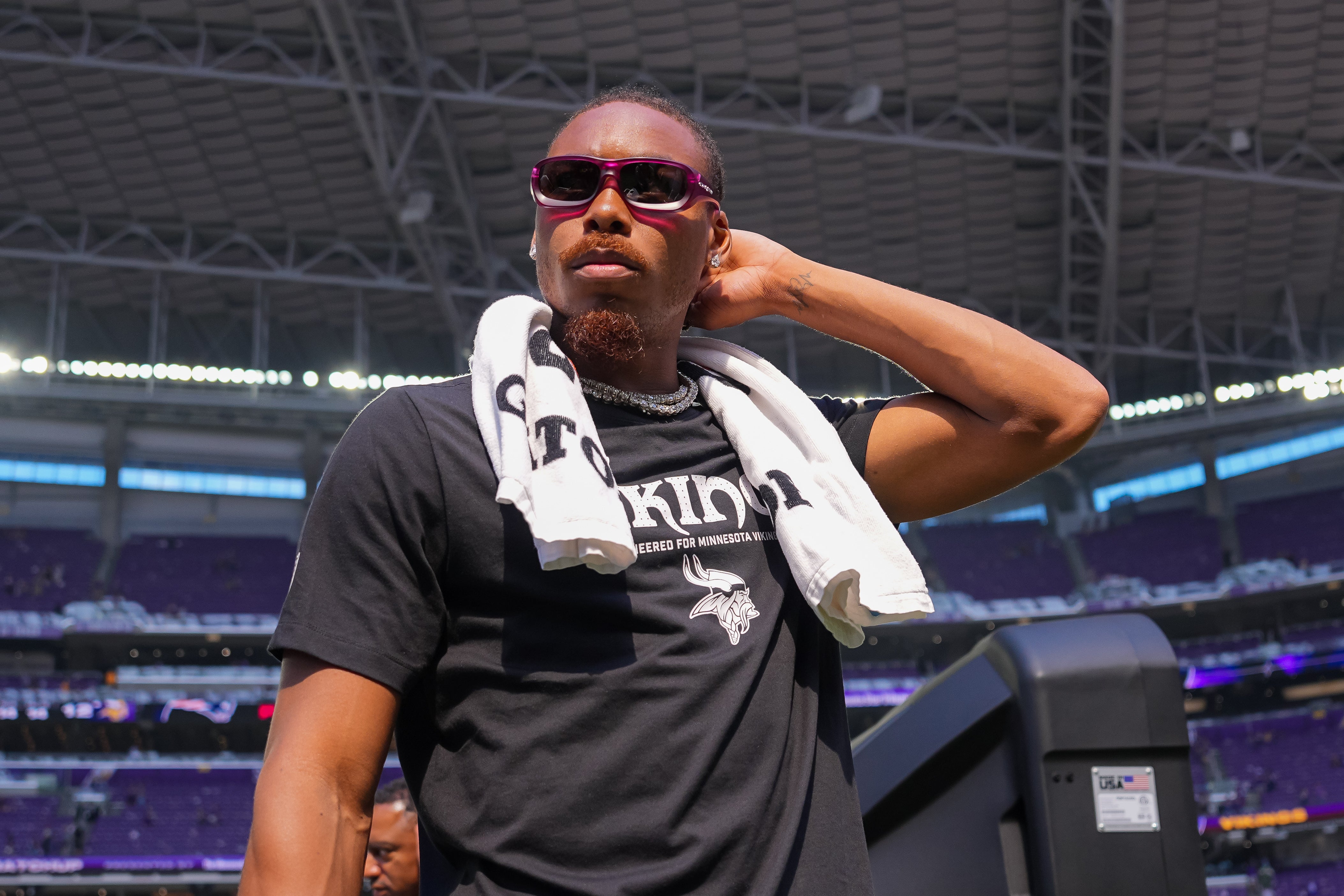 Aug 16, 2025; Minneapolis, Minnesota, USA; Minnesota Vikings wide receiver Justin Jefferson (18) leaves the field after the game against the New England Patriots at U.S. Bank Stadium.