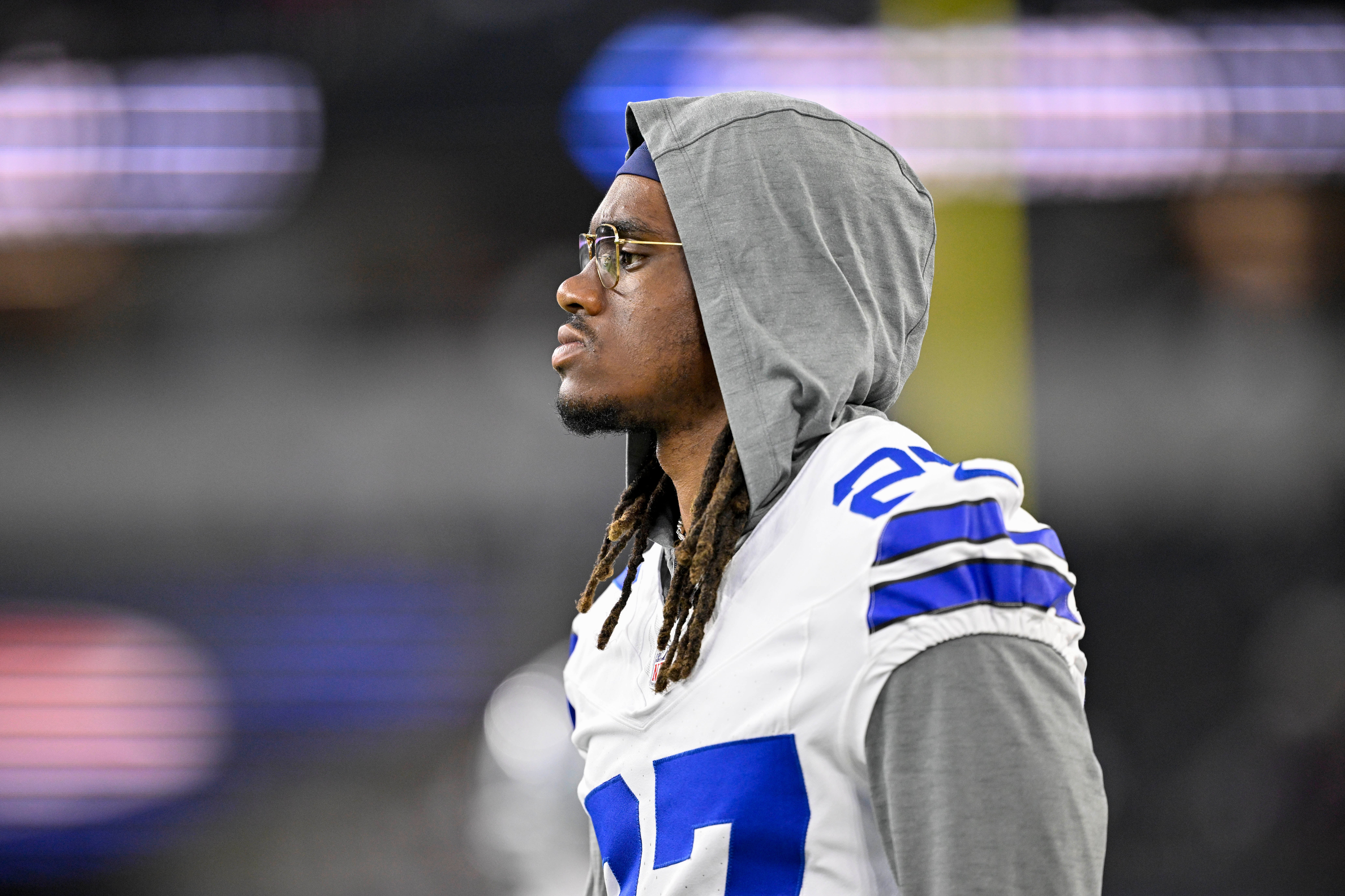 Aug 16, 2025; Arlington, Texas, USA; Dallas Cowboys cornerback Shavon Revel Jr. (27) looks on before the game against the Baltimore Ravens at AT&T Stadium.