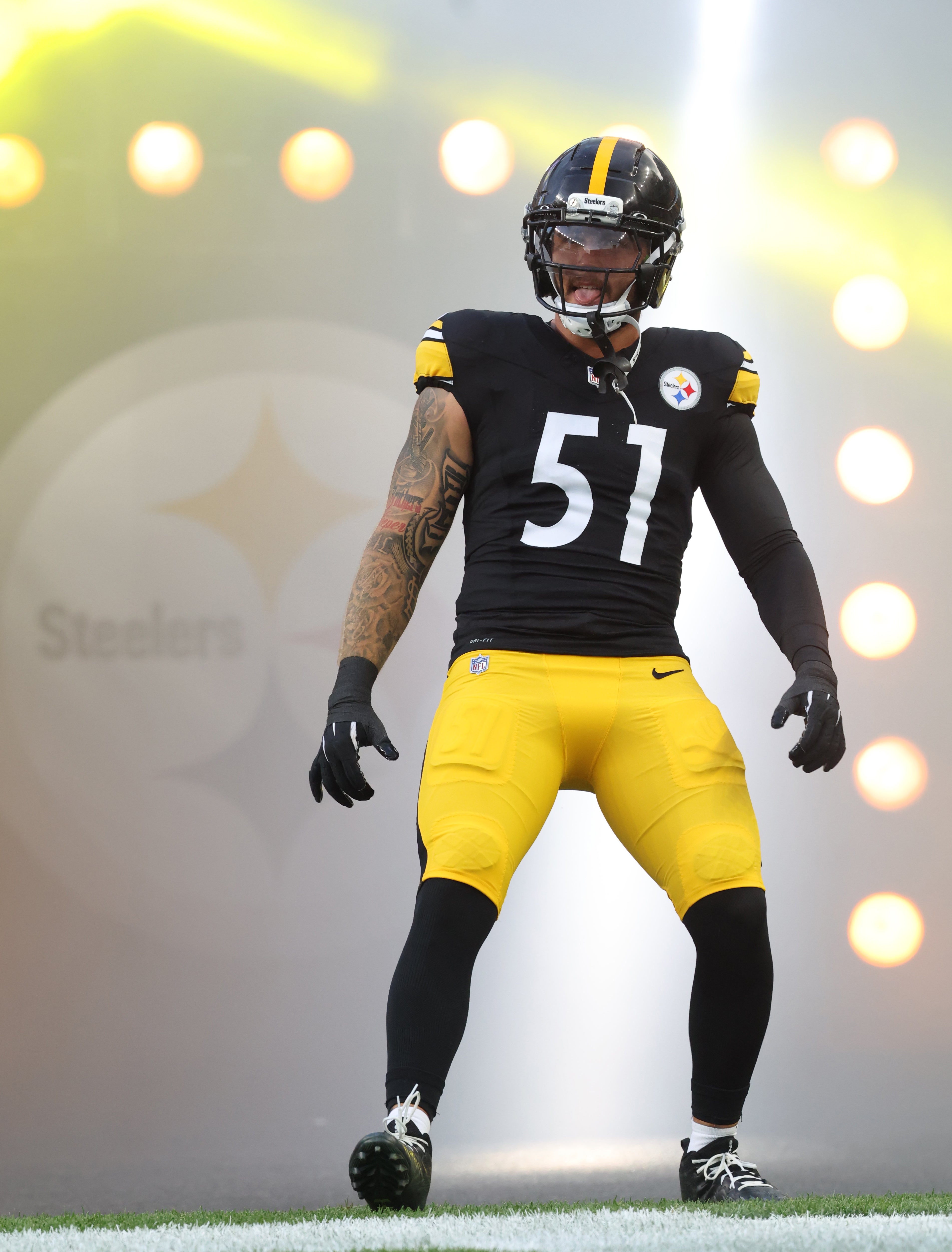 Aug 16, 2025; Pittsburgh, Pennsylvania, USA; Pittsburgh Steelers linebacker Nick Herbig (51) reacts during player introductions against the Tampa Bay Buccaneers at Acrisure Stadium.