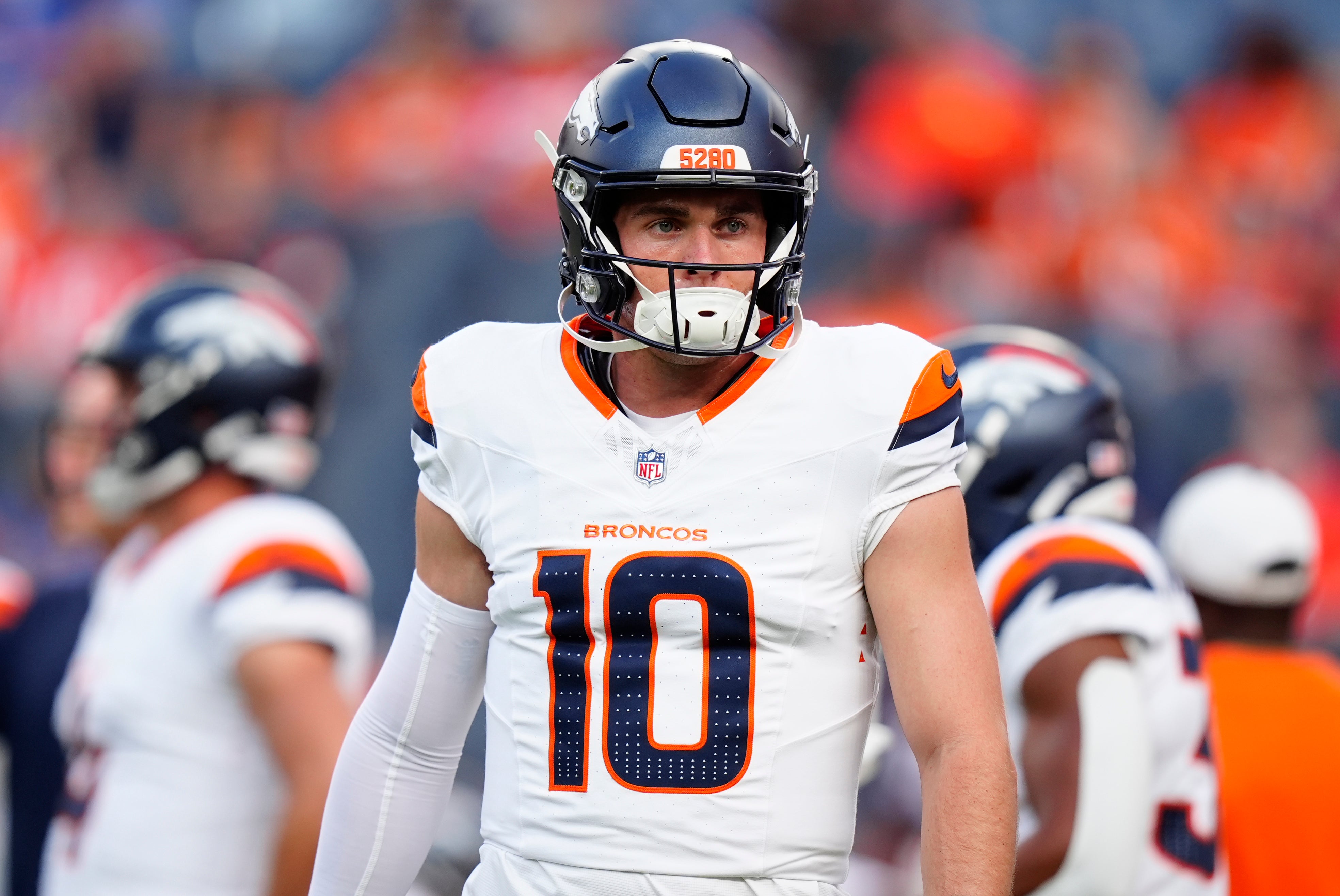 Aug 16, 2025; Denver, Colorado, USA; Denver Broncos quarterback Bo Nix (10) before the game against the Arizona Cardinals at Empower Field at Mile High.