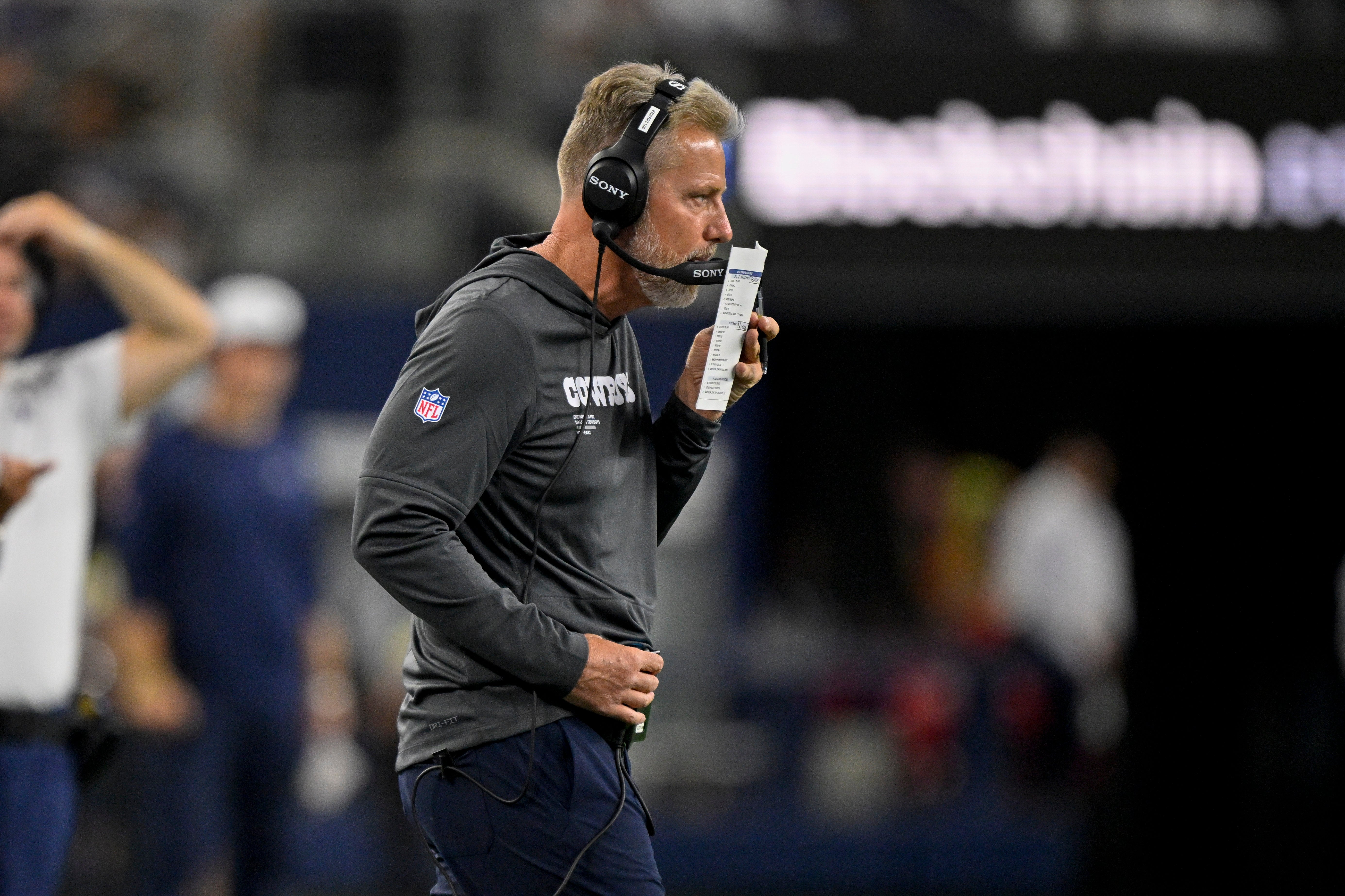 Dallas Cowboys defensive coordinator Matt Eberflus looks on during the game between the Dallas Cowboys and the Baltimore Ravens at AT&T Stadium.