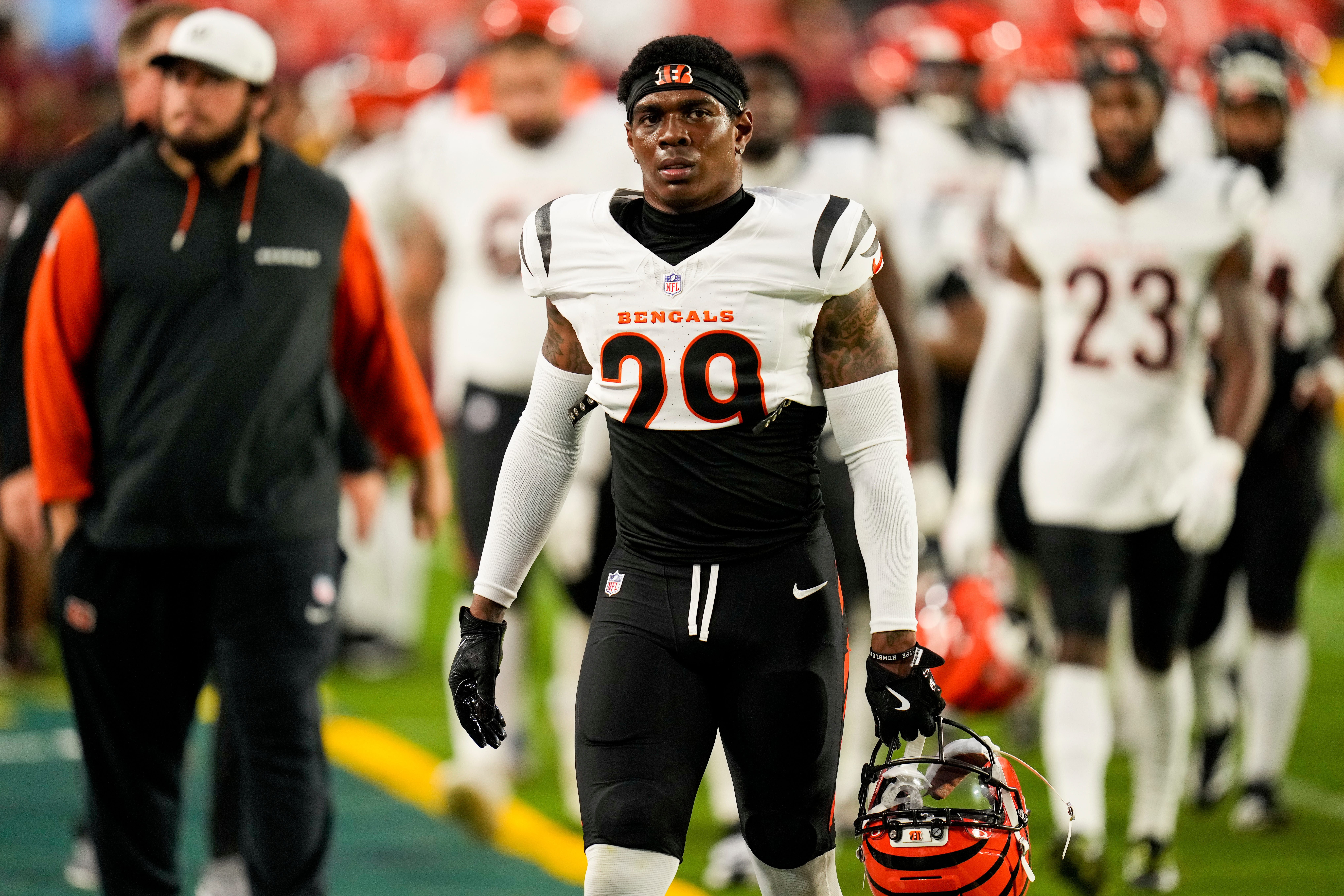 Cincinnati Bengals cornerback Cam Taylor-Britt (29) walks for the locker room before the first quarter of the NFL Preseason Week 2 game between the Washington Commanders and the Cincinnati Bengals at Northwest Stadium in Landover, Md., on Monday, Aug. 18, 2025.