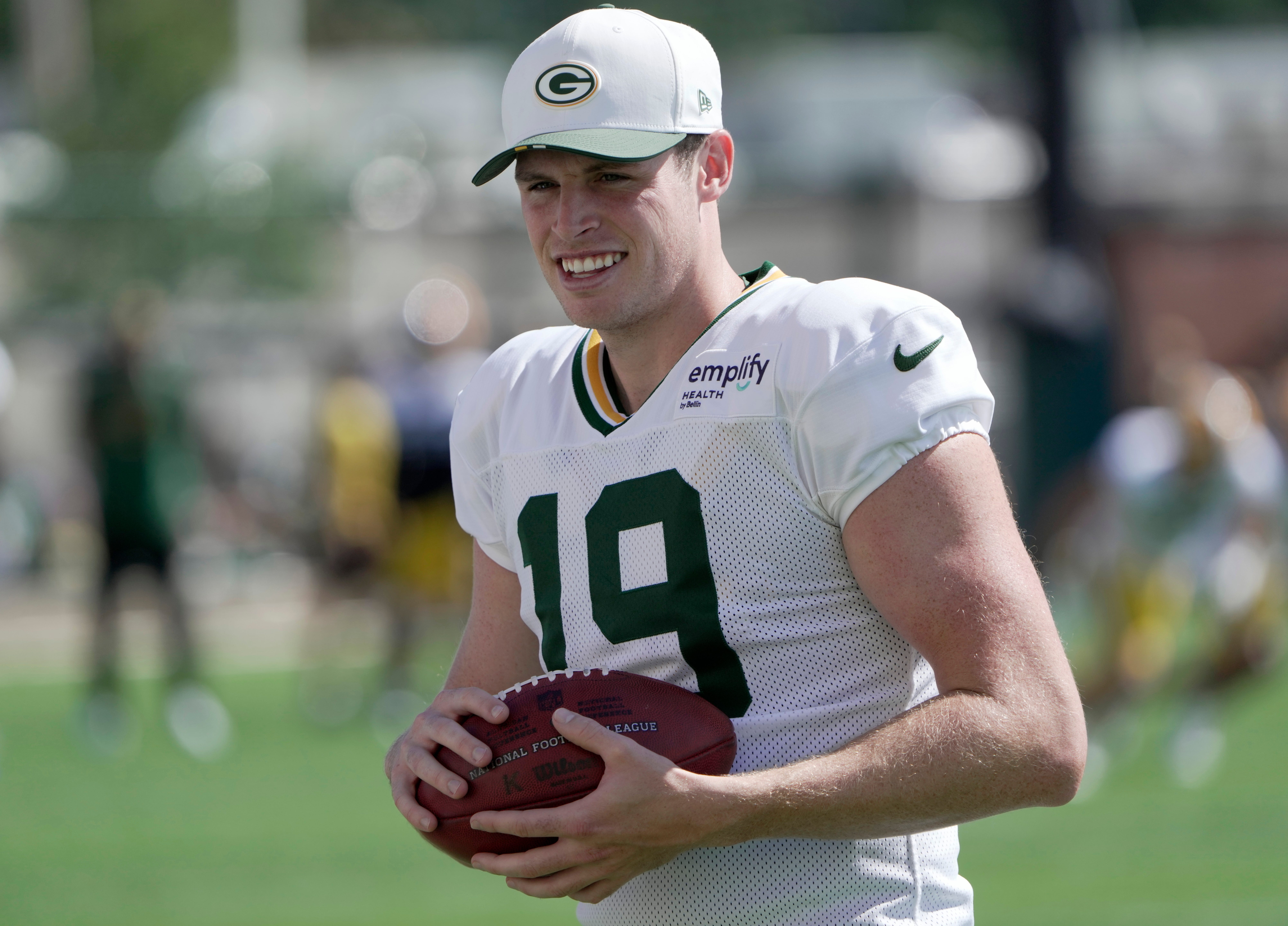 Green Bay Packers punter Daniel Whelan (19) is shown during a joint practice with the Seattle Seahawks Thursday, August 21, 2025 in Green Bay, Wisconsin.
