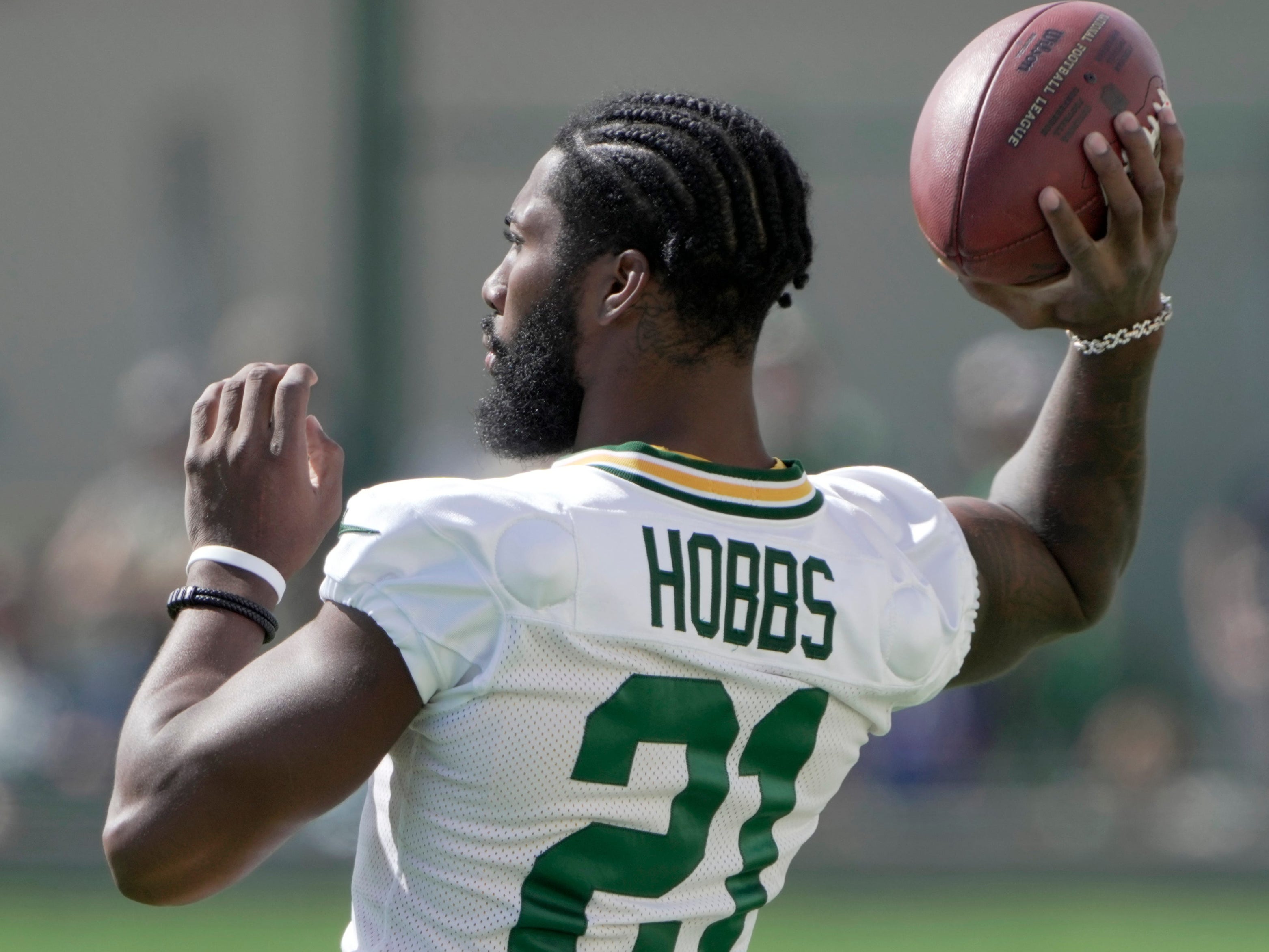 Green Bay Packers cornerback Nate Hobbs (21) is shown during a joint practice with the Seattle Seahawks Thursday, August 21, 2025 in Green Bay, Wisconsin.