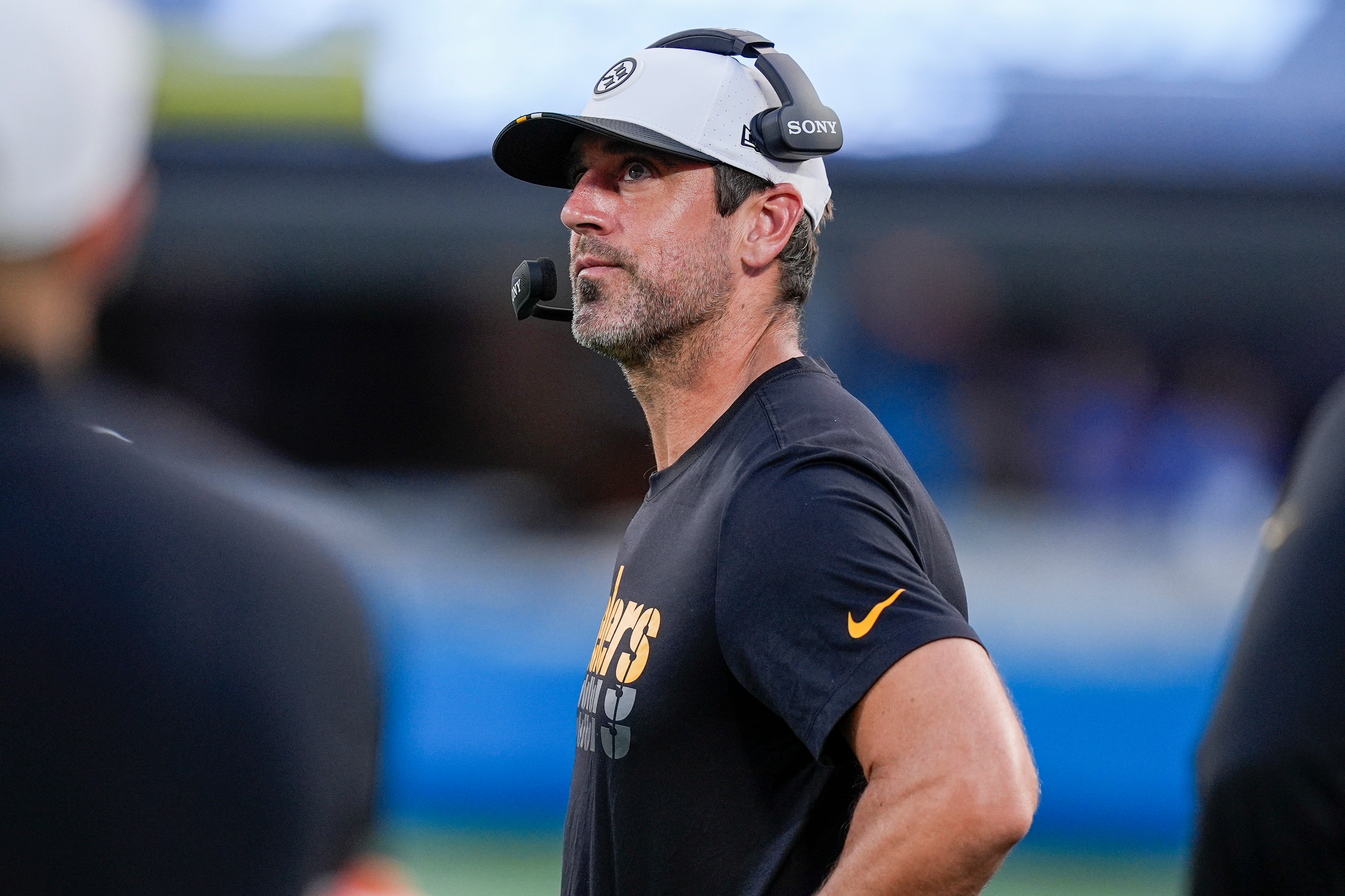 Aug 21, 2025; Charlotte, North Carolina, USA; Pittsburgh Steelers quarterback Aaron Rodgers (8) during the first quarter Carolina Panthers at Bank of America Stadium.