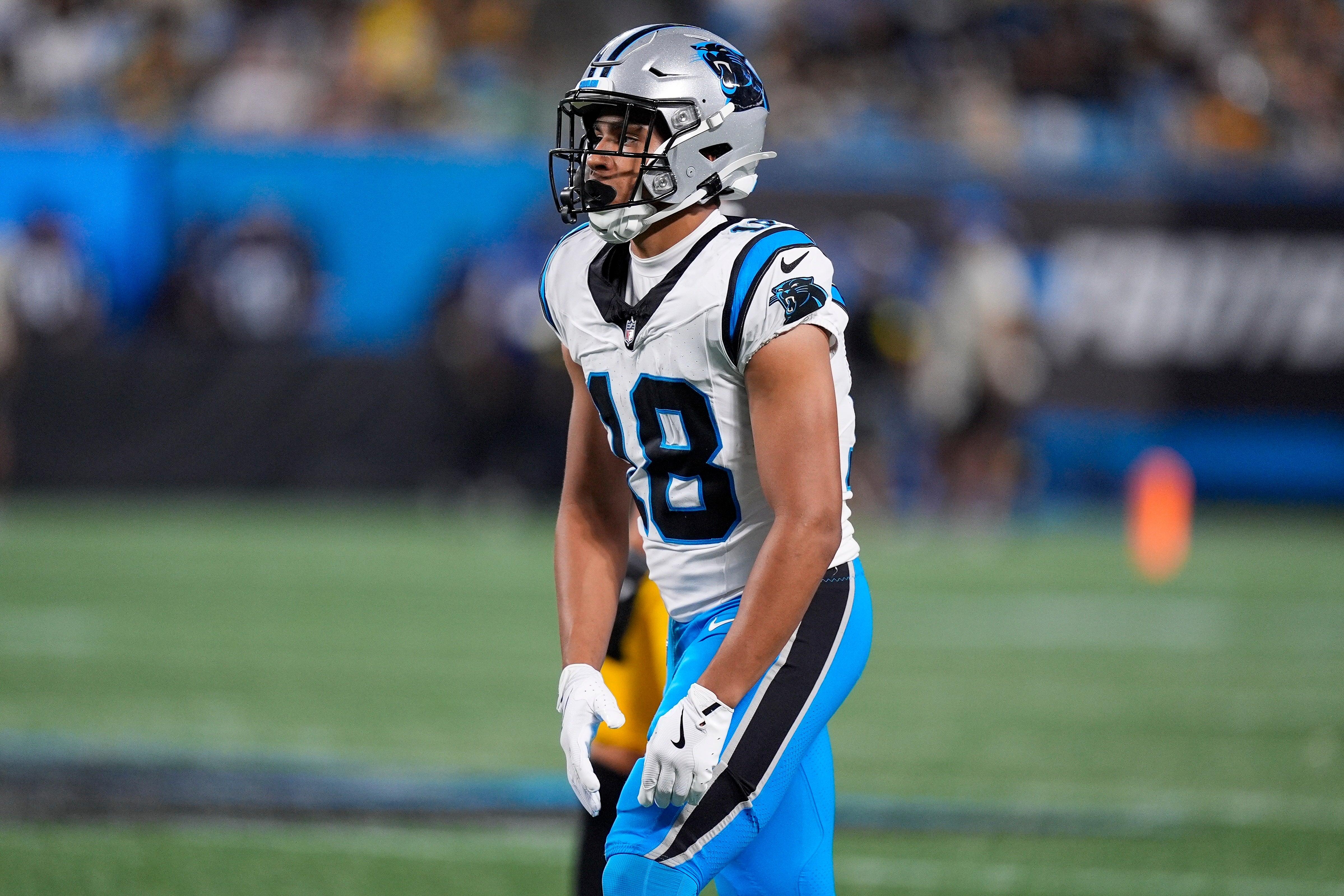 Aug 21, 2025; Charlotte, North Carolina, USA; Carolina Panthers wide receiver Jalen Coker (18) during the second half against the Pittsburgh Steelers at Bank of America Stadium.