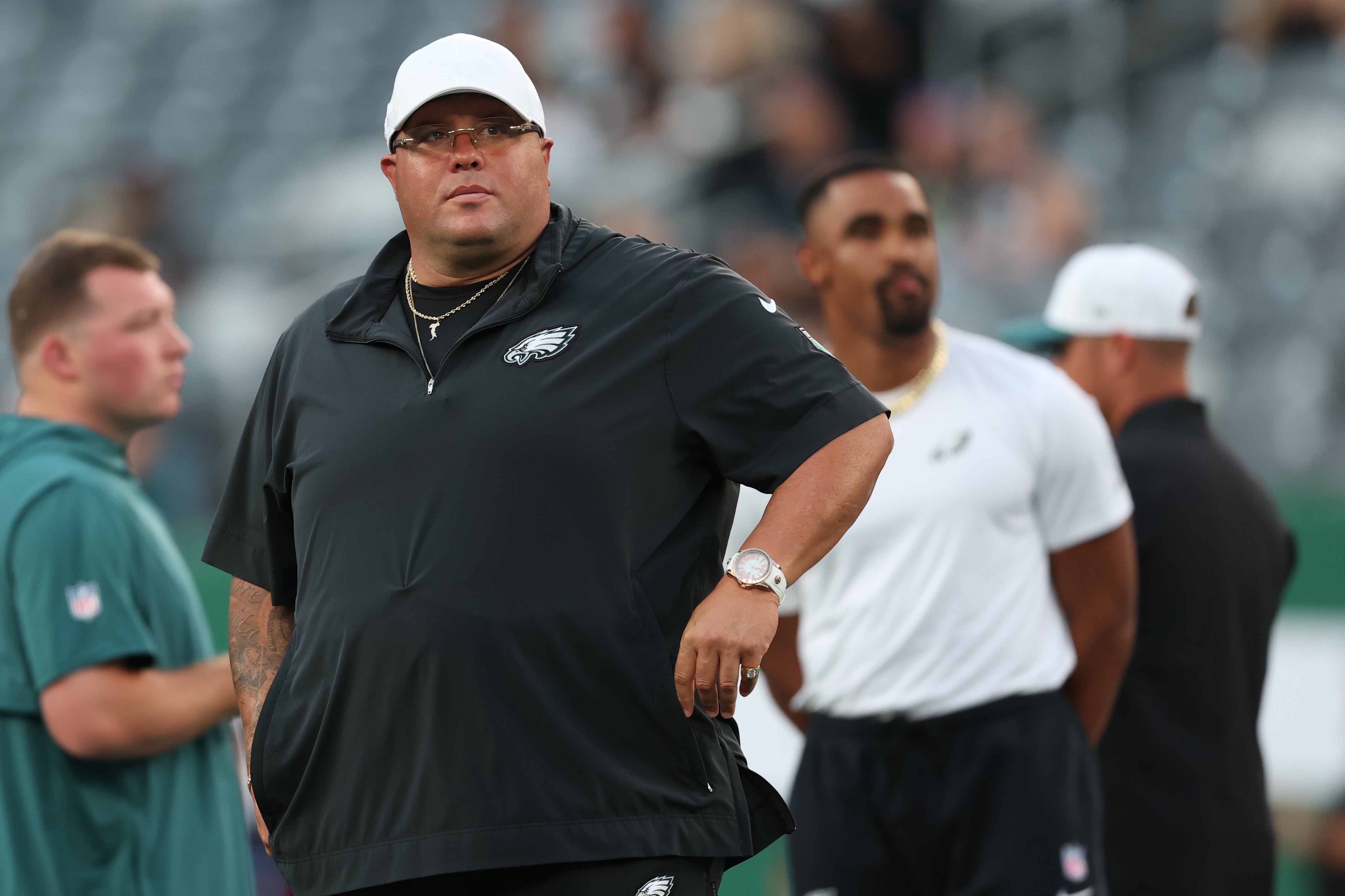 Philadelphia Eagles primary bodyguard, Big Dom DiSandro looks on during warm ups before the preseason game between the New York Jets and the Eagles at MetLife Stadium.