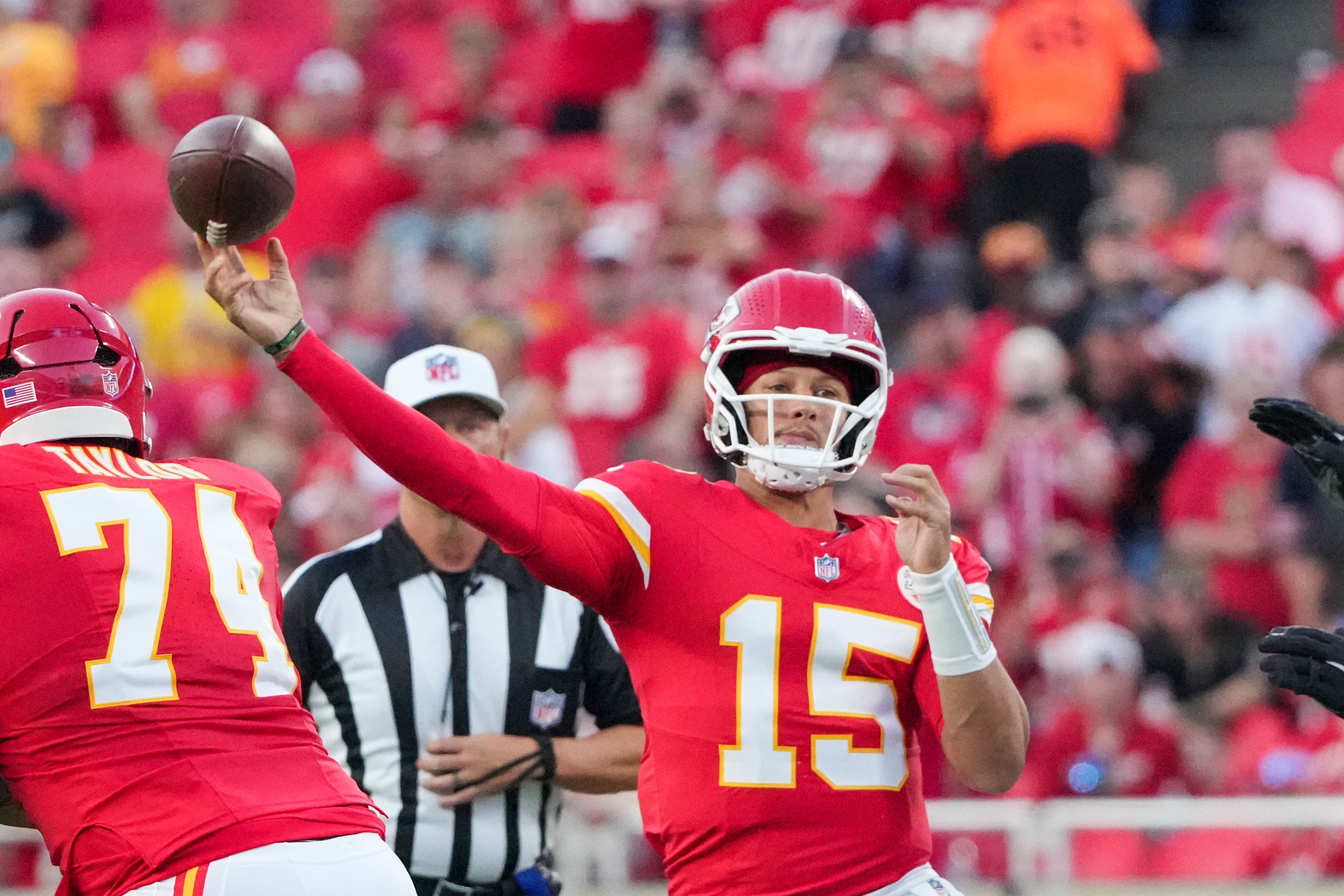 Kansas City Chiefs quarterback Patrick Mahomes (15) throws a pass against the Chicago Bears during the first half of the game at GEHA Field at Arrowhead Stadium.