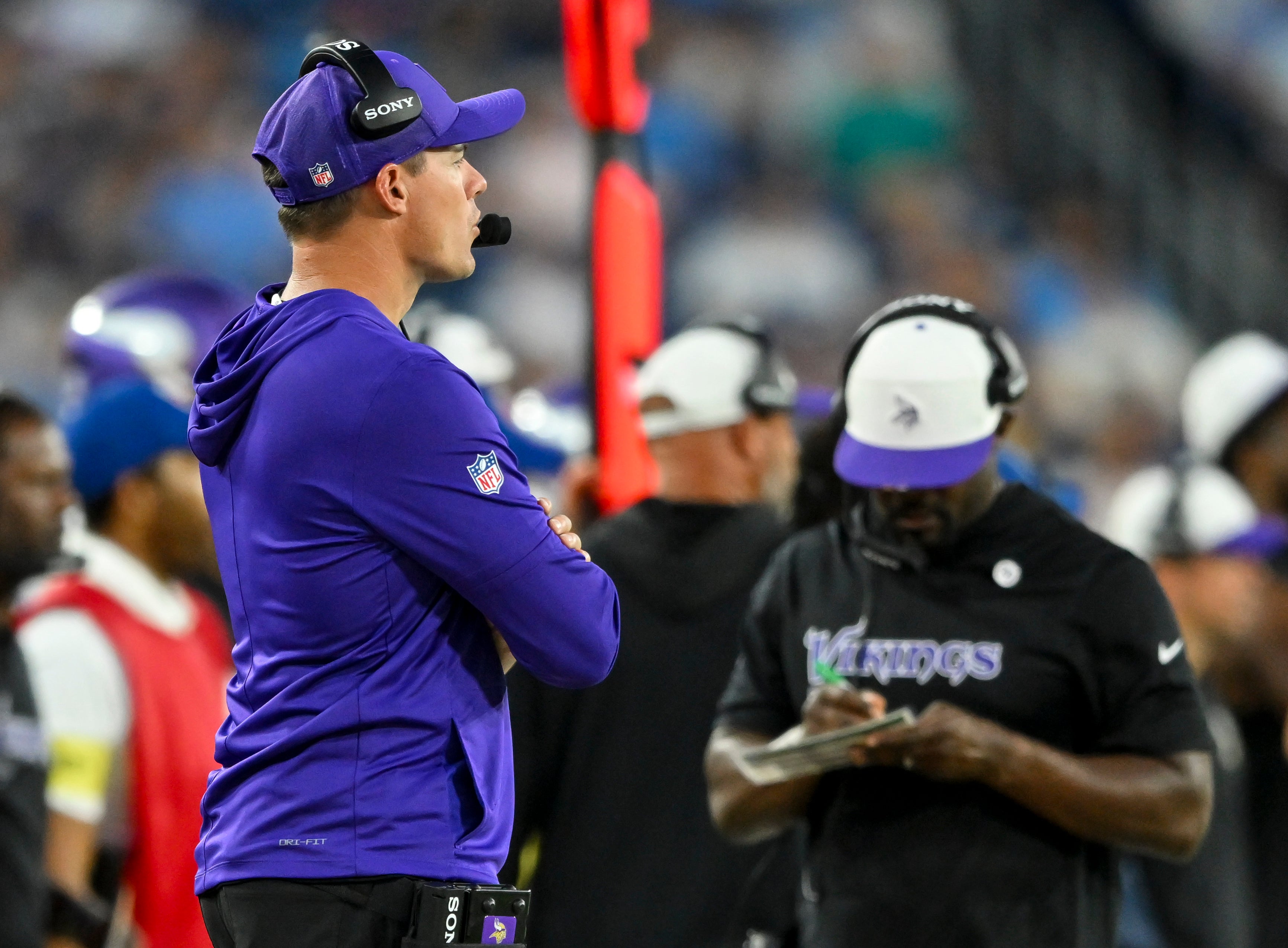 Aug 22, 2025; Nashville, Tennessee, USA; Minnesota Vikings head coach Kevin O'Connell looks on against the Tennessee Titan during the first half at Nissan Stadium.
