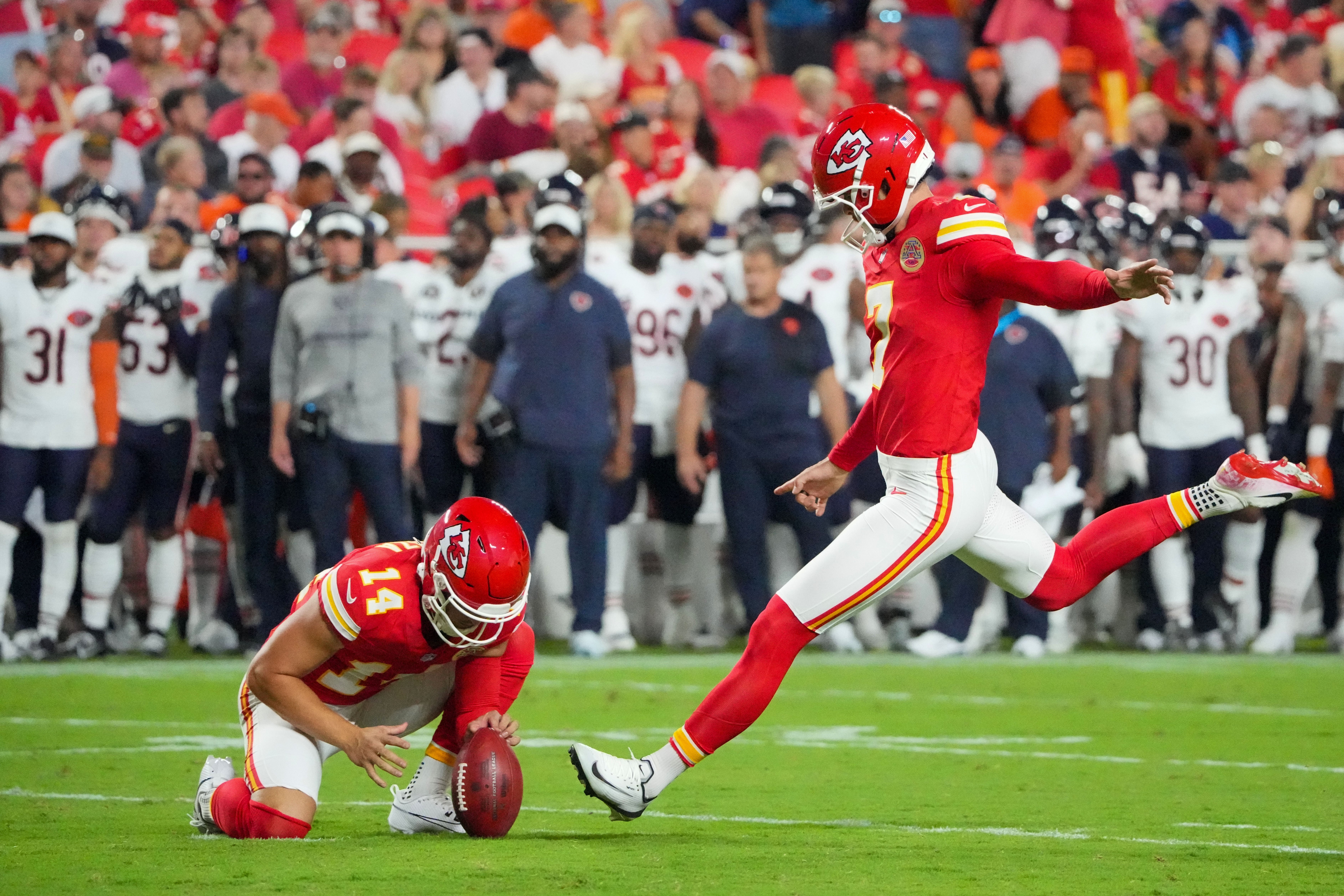 Kansas City Chiefs place kicker Harrison Butker (7) kicks a field goal agains the Chicago Bears during the first half of the game at GEHA Field at Arrowhead Stadium.