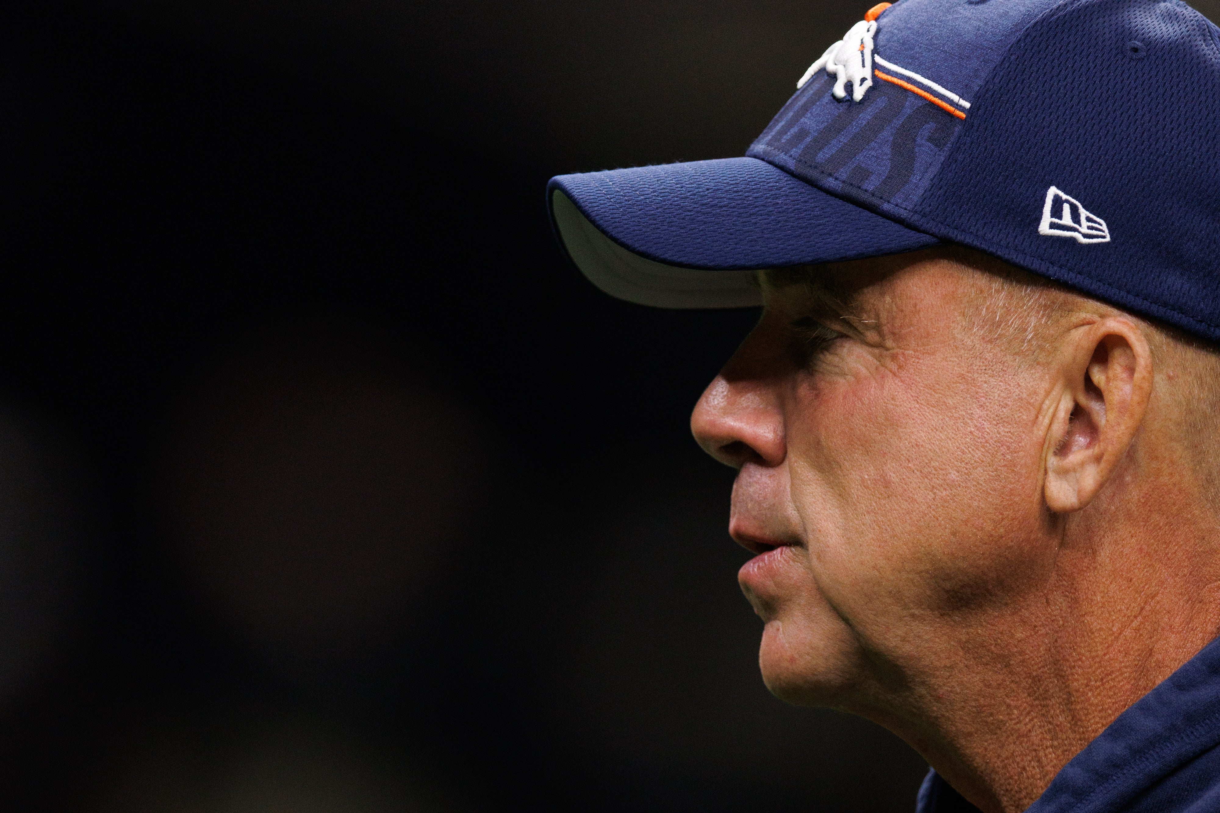 Aug 23, 2025; New Orleans, Louisiana, USA; Denver Broncos head coach Sean Payton looks on during warmups at Caesars Superdome.
