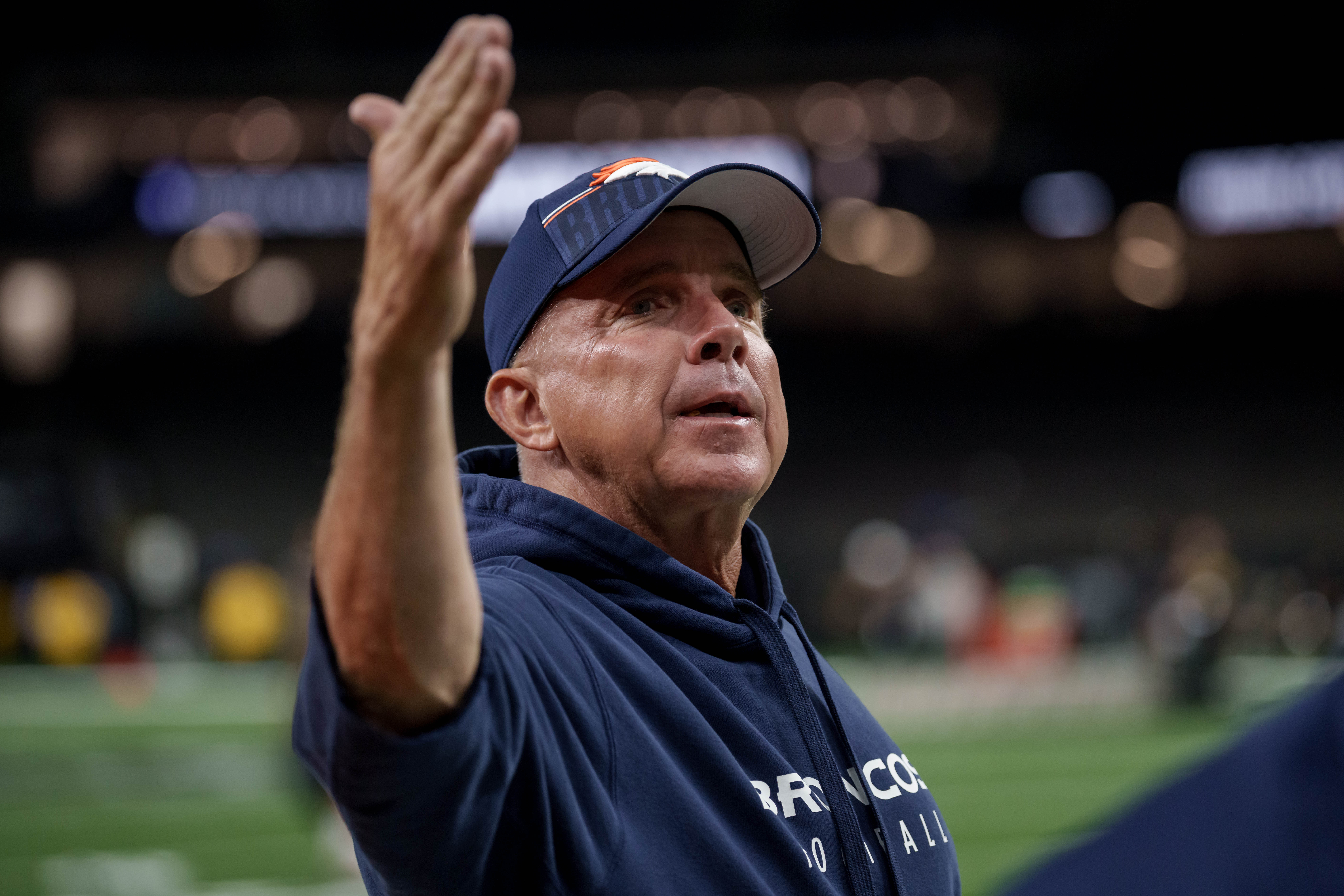 Aug 23, 2025; New Orleans, Louisiana, USA; Denver Broncos head coach Sean Payton gestures before a game against the New Orleans Saints at Caesars Superdome.