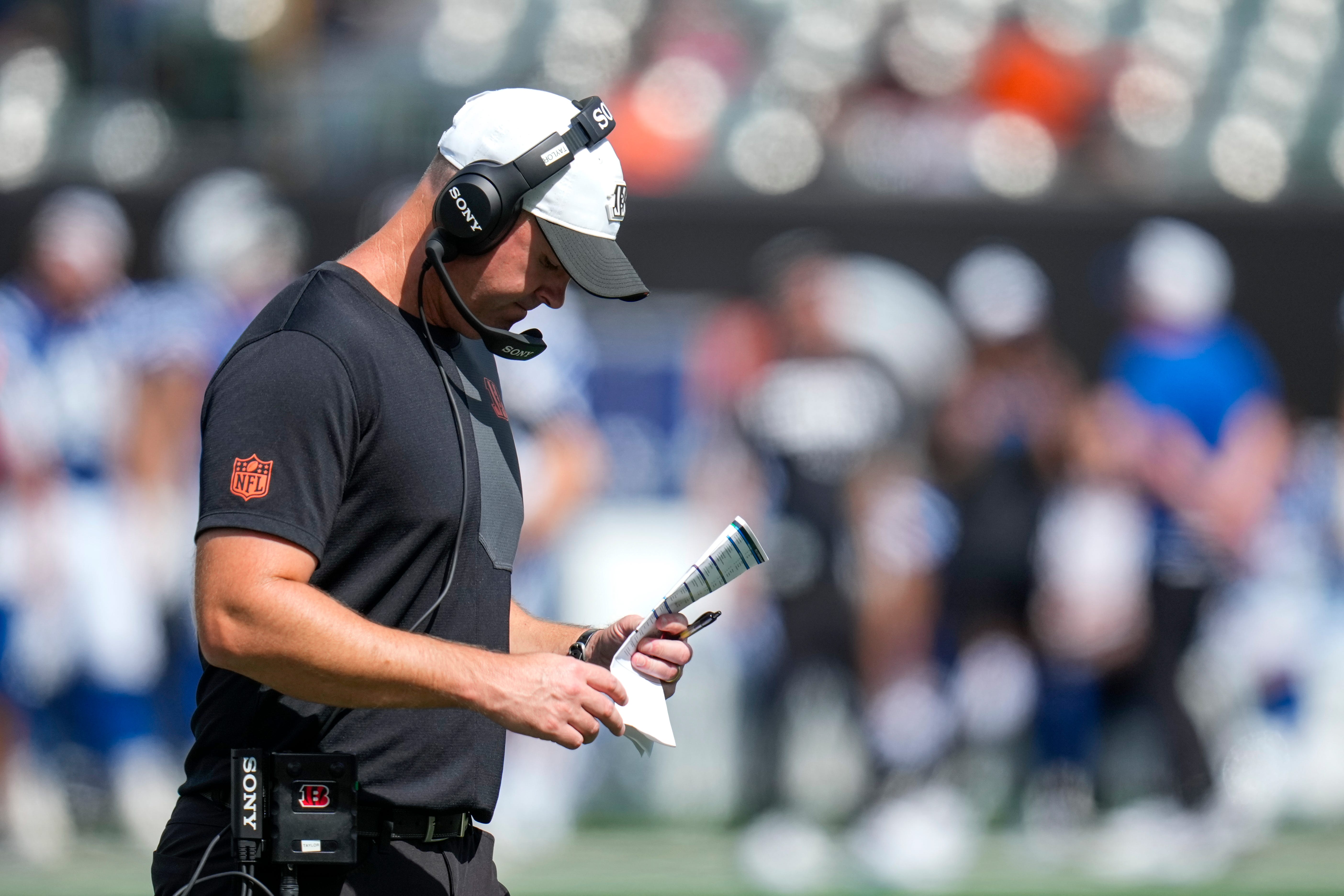 Cincinnati Bengals head coach Zac Taylor walks back to the sideline in the fourth quarter of the NFL Preseason Week 3 game between the Cincinnati Bengals and the Indianapolis Colts at Paycor Stadium in Cincinnati on Saturday, Aug. 23, 2025. The Colts won 41-14.