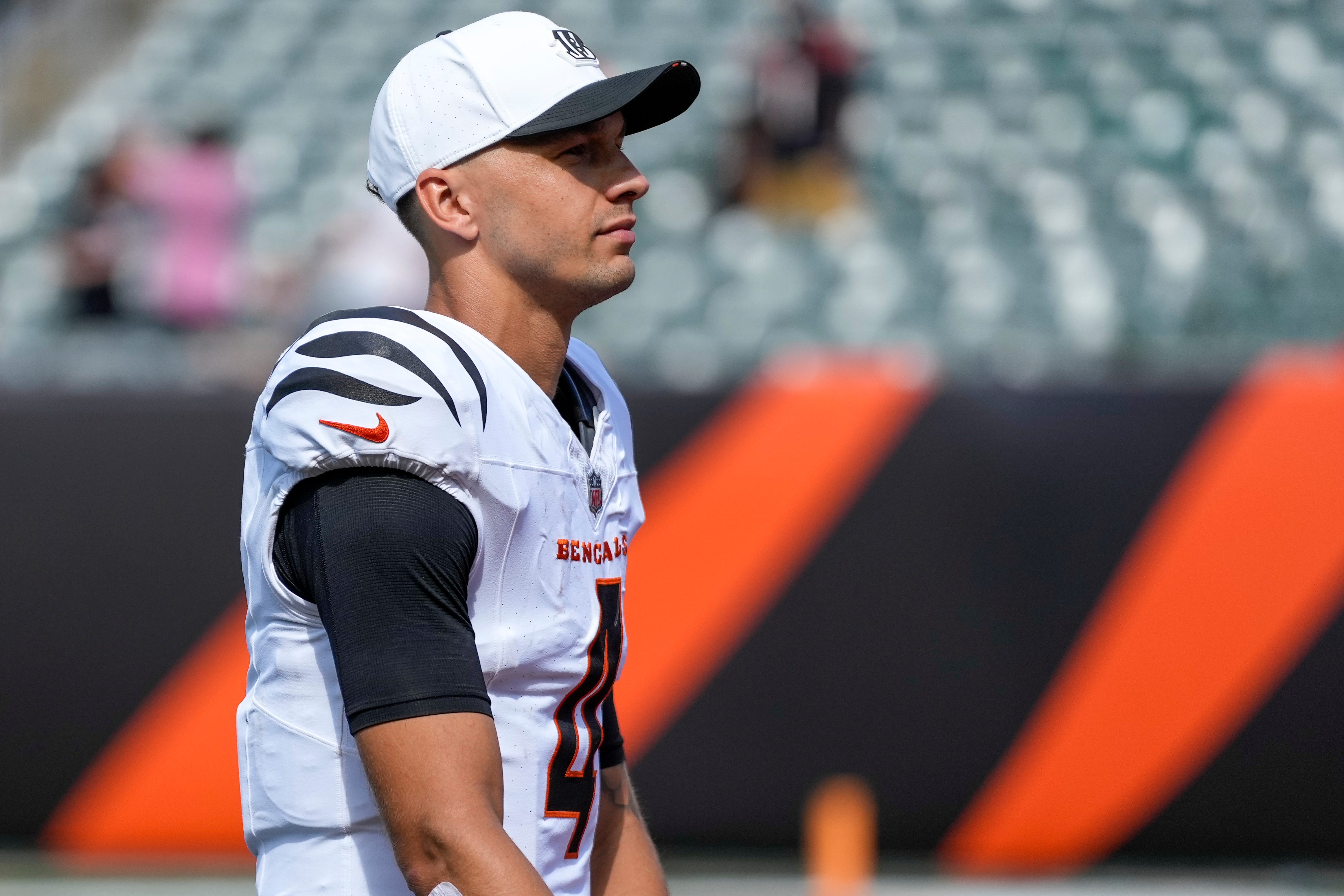 Cincinnati Bengals quarterback Desmond Ridder (4) walks for the locker room after the fourth quarter of the NFL Preseason Week 3 game between the Cincinnati Bengals and the Indianapolis Colts at Paycor Stadium in Cincinnati on Saturday, Aug. 23, 2025. The Colts won 41-14.