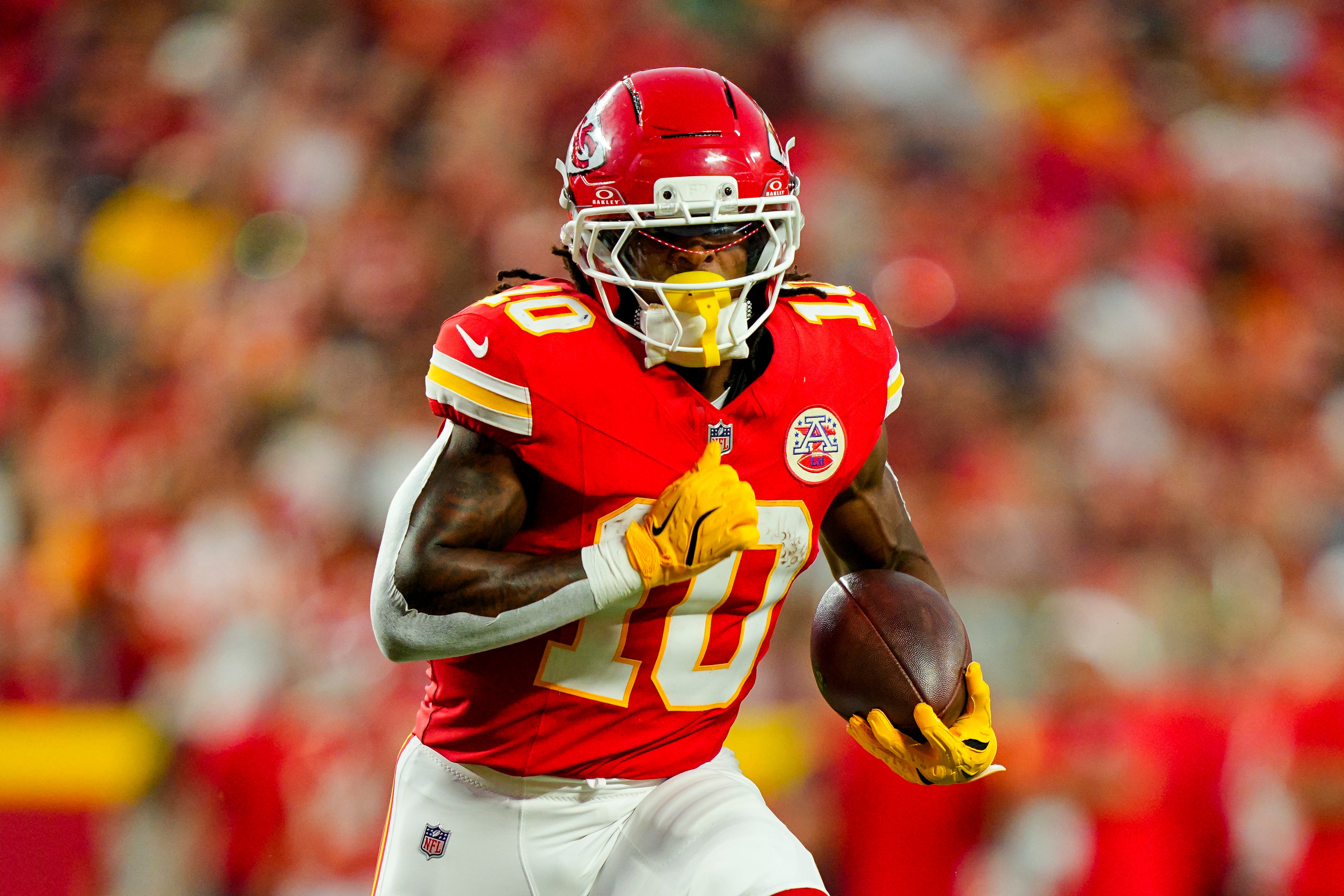 Kansas City Chiefs running back Isiah Pacheco (10) runs the ball during the first half against the Chicago Bears at GEHA Field at Arrowhead Stadium.