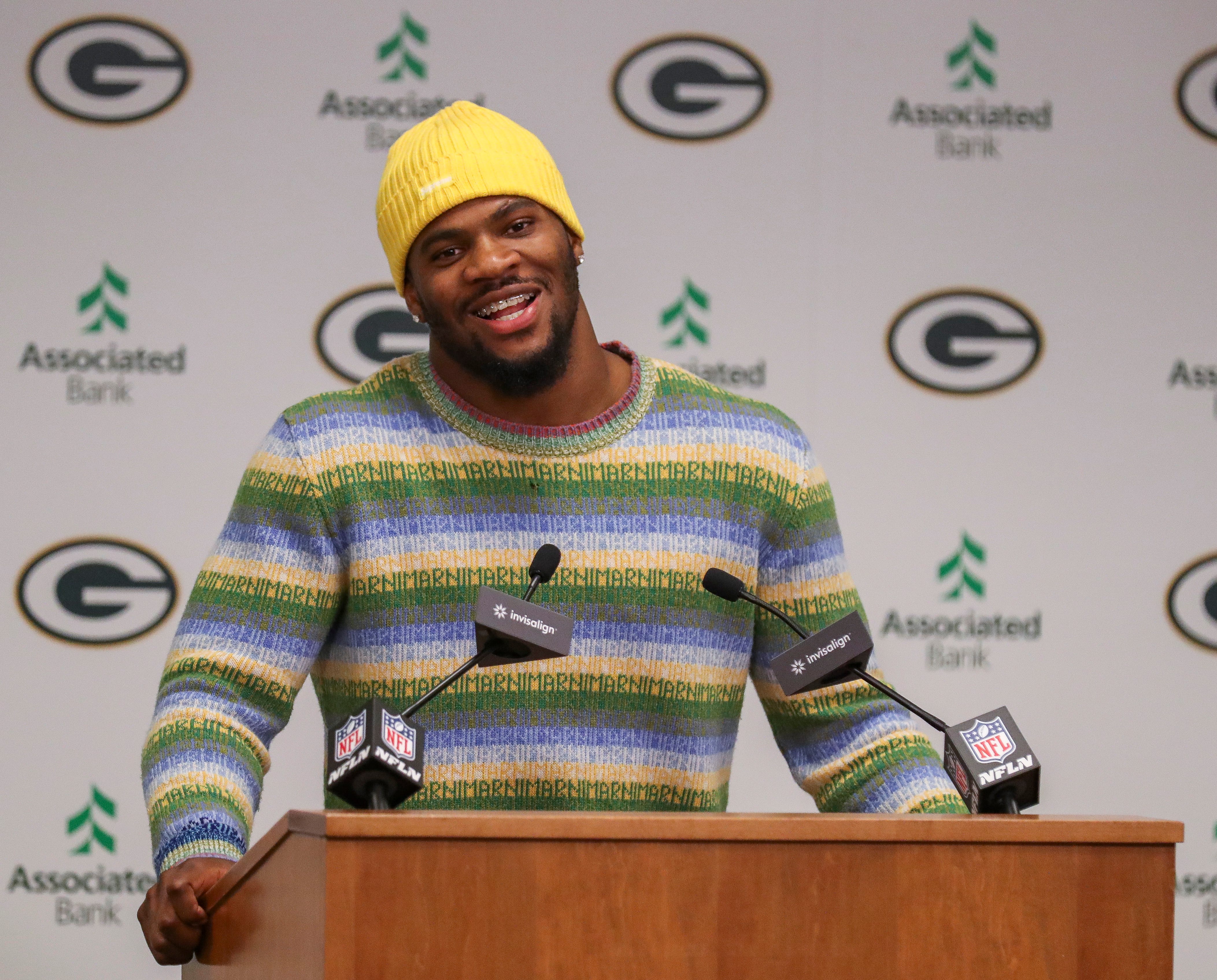 Green Bay Packers edge rusher Micah Parsons speaks during an introductory press conference on Friday, August 29, 2025, at Lambeau Field in Green Bay, Wis. The Packers made a trade with the Dallas Cowboys on Aug. 28 to acquire Parsons in exchange for defensive tackle Kenny Clark and two first round picks.