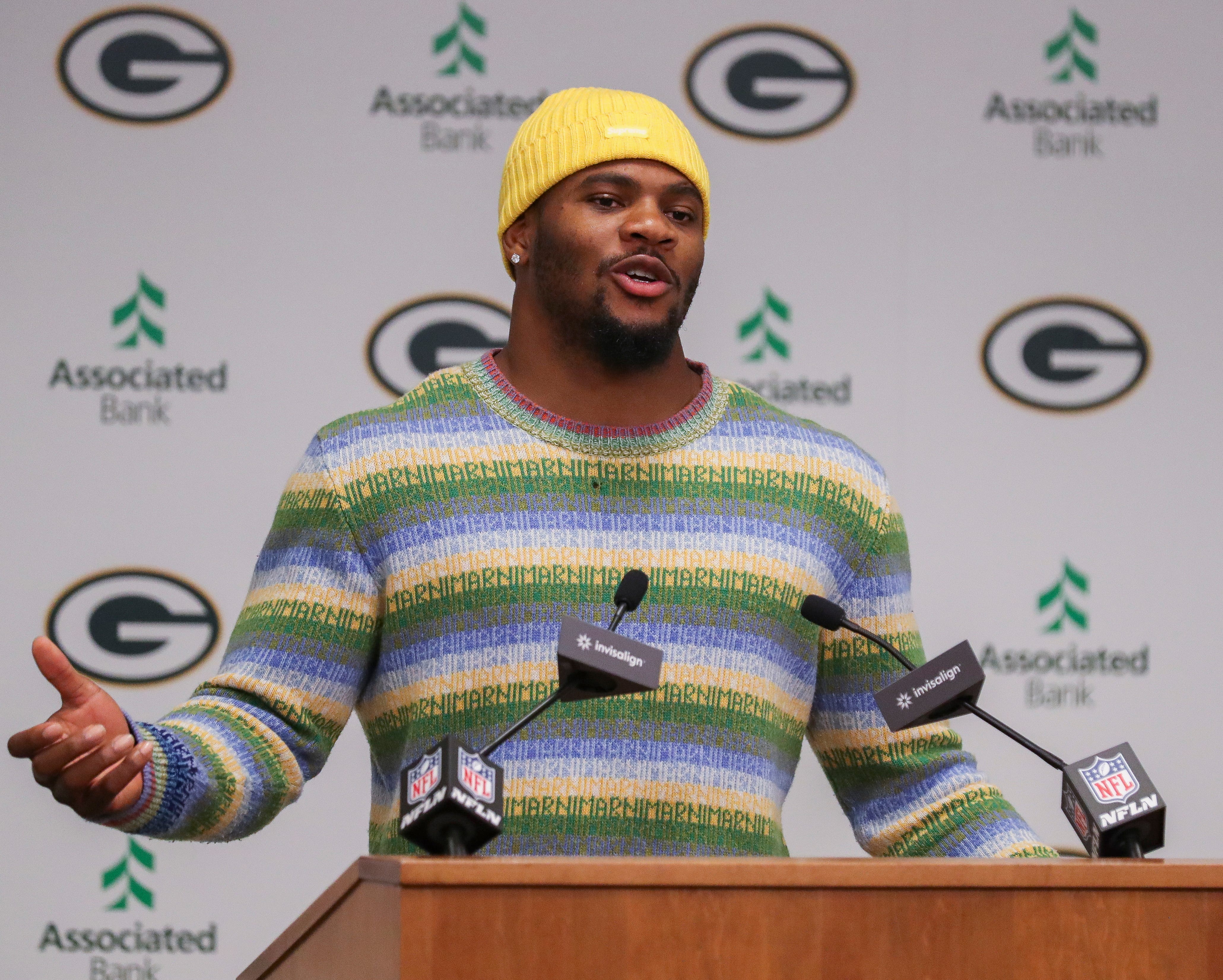 Green Bay Packers edge rusher Micah Parsons speaks during an introductory press conference on Friday, August 29, 2025, at Lambeau Field in Green Bay, Wis. The Packers made a trade with the Dallas Cowboys on Aug. 28 to acquire Parsons in exchange for defensive tackle Kenny Clark and two first round picks.
