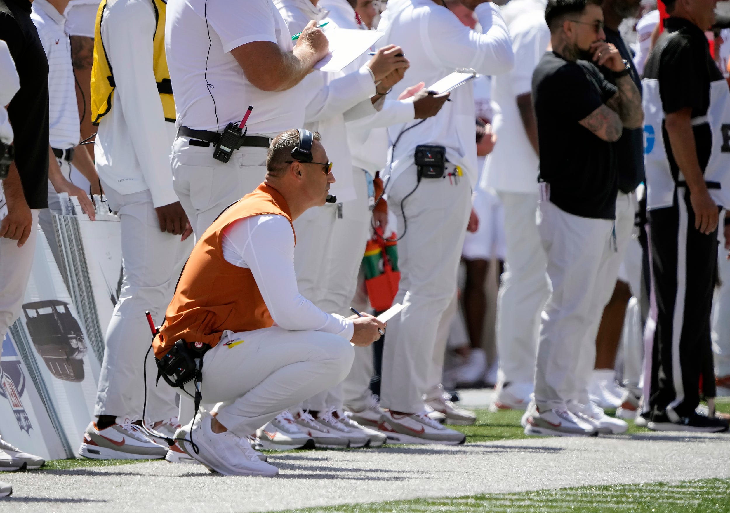 Texas Longhorns head coach Steve Sarkisian watches his team against Ohio State Buckeyes in the first quarter of their game at Ohio Stadium in Columbus, Ohio on Aug 30, 2025.