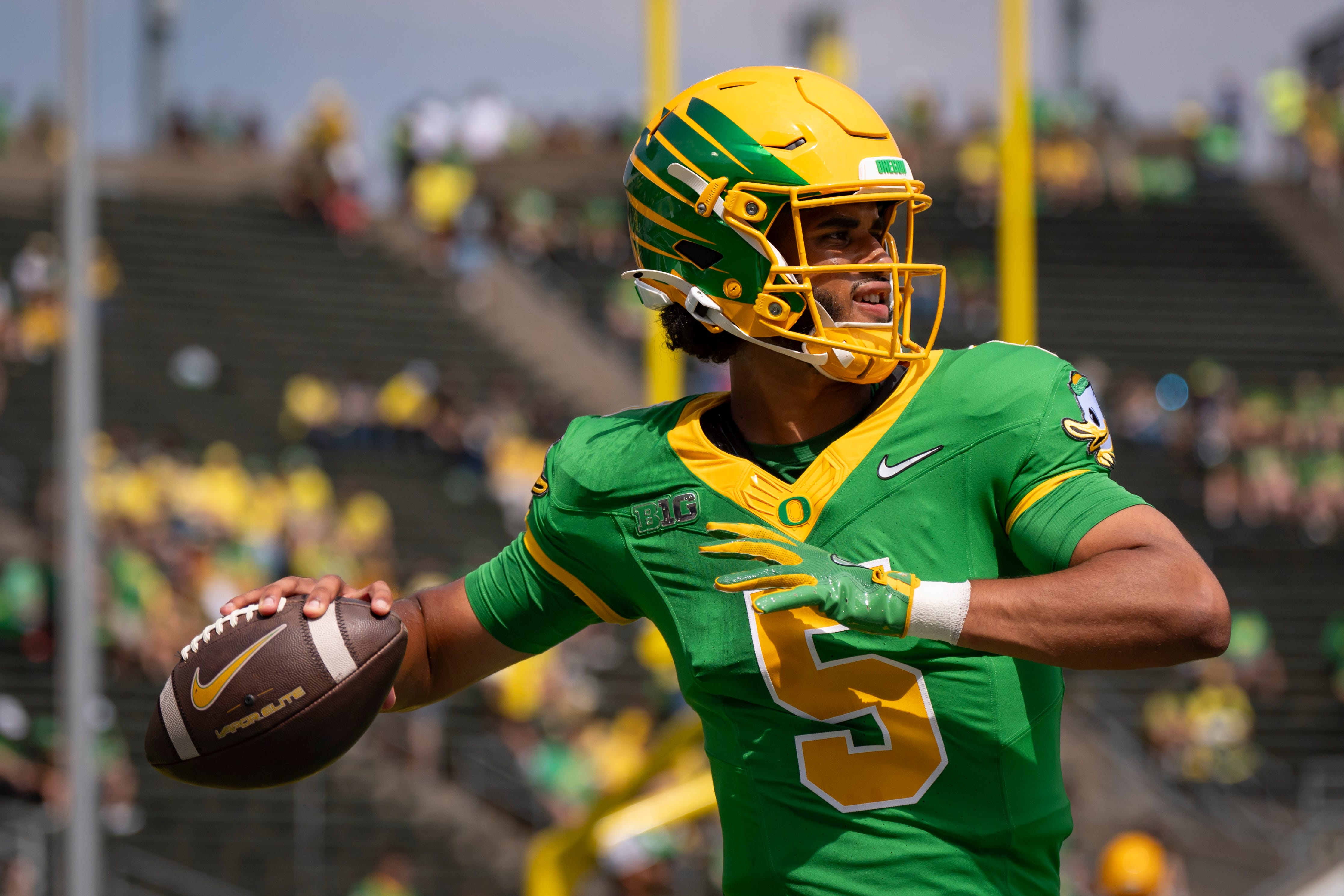 Oregon quarterback Dante Moore throws a pass during warmups as the Oregon Ducks host the Montana State Bobcats on Aug. 30, 2025, at Autzen Stadium in Eugene, Oregon.