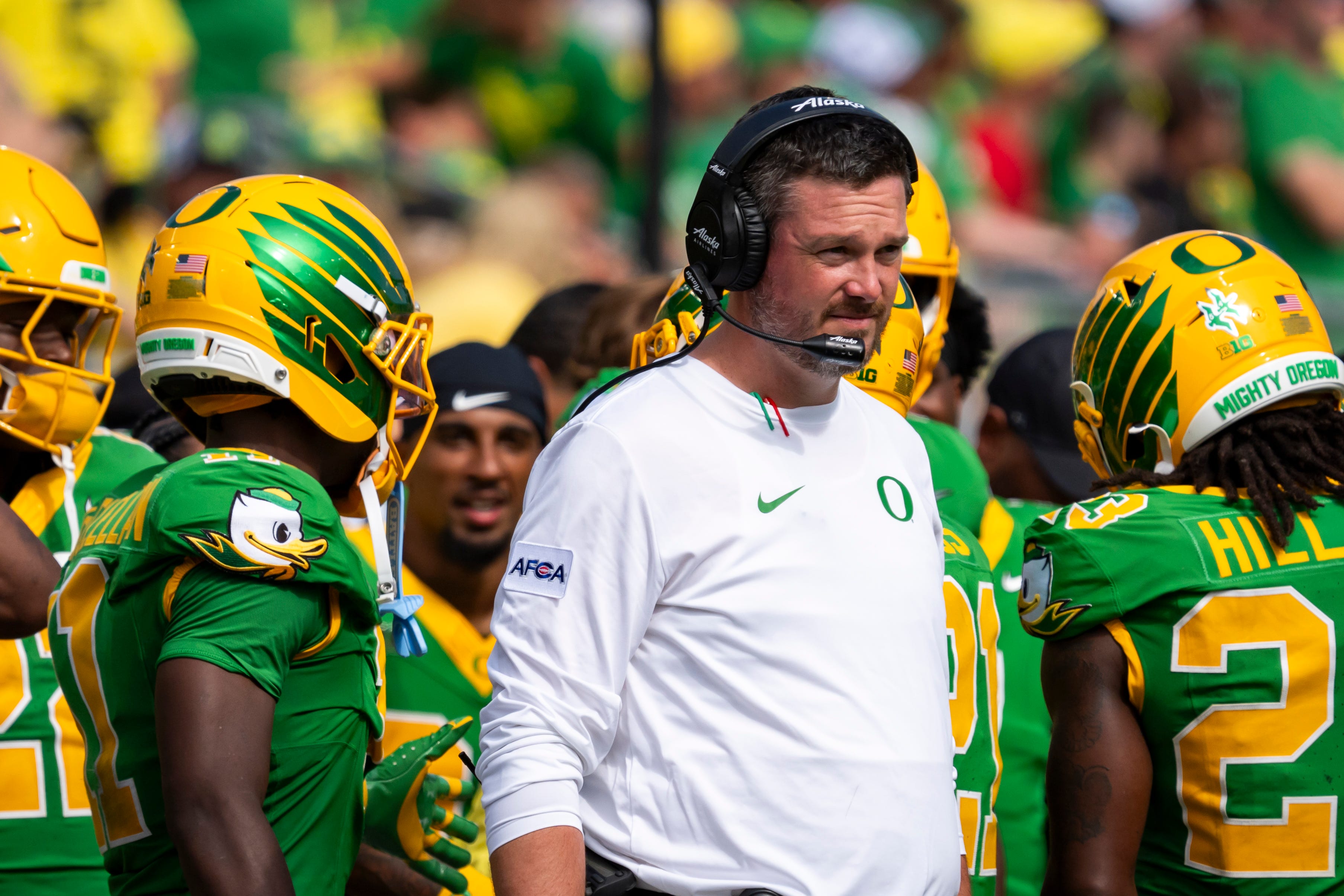 Oregon head coach Dan Lanning looks on as the Oregon Ducks host the Montana State Bobcats on Aug. 30, 2025, at Autzen Stadium in Eugene, Oregon.