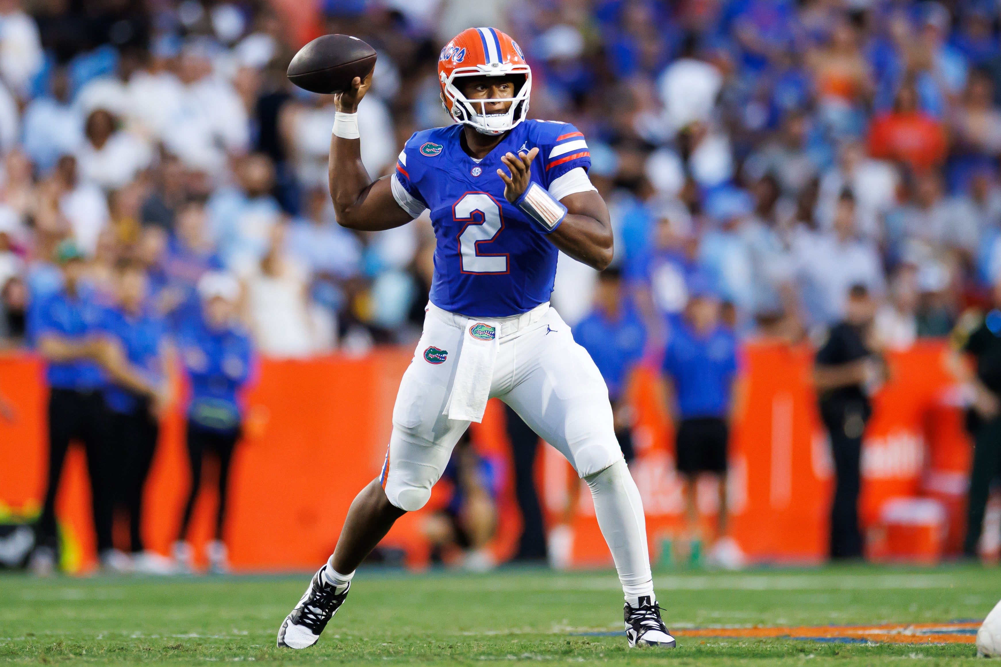 Aug 30, 2025; Gainesville, Florida, USA; Florida Gators quarterback DJ Lagway (2) looks to throw against the Long Island Sharks during the first half at Ben Hill Griffin Stadium.