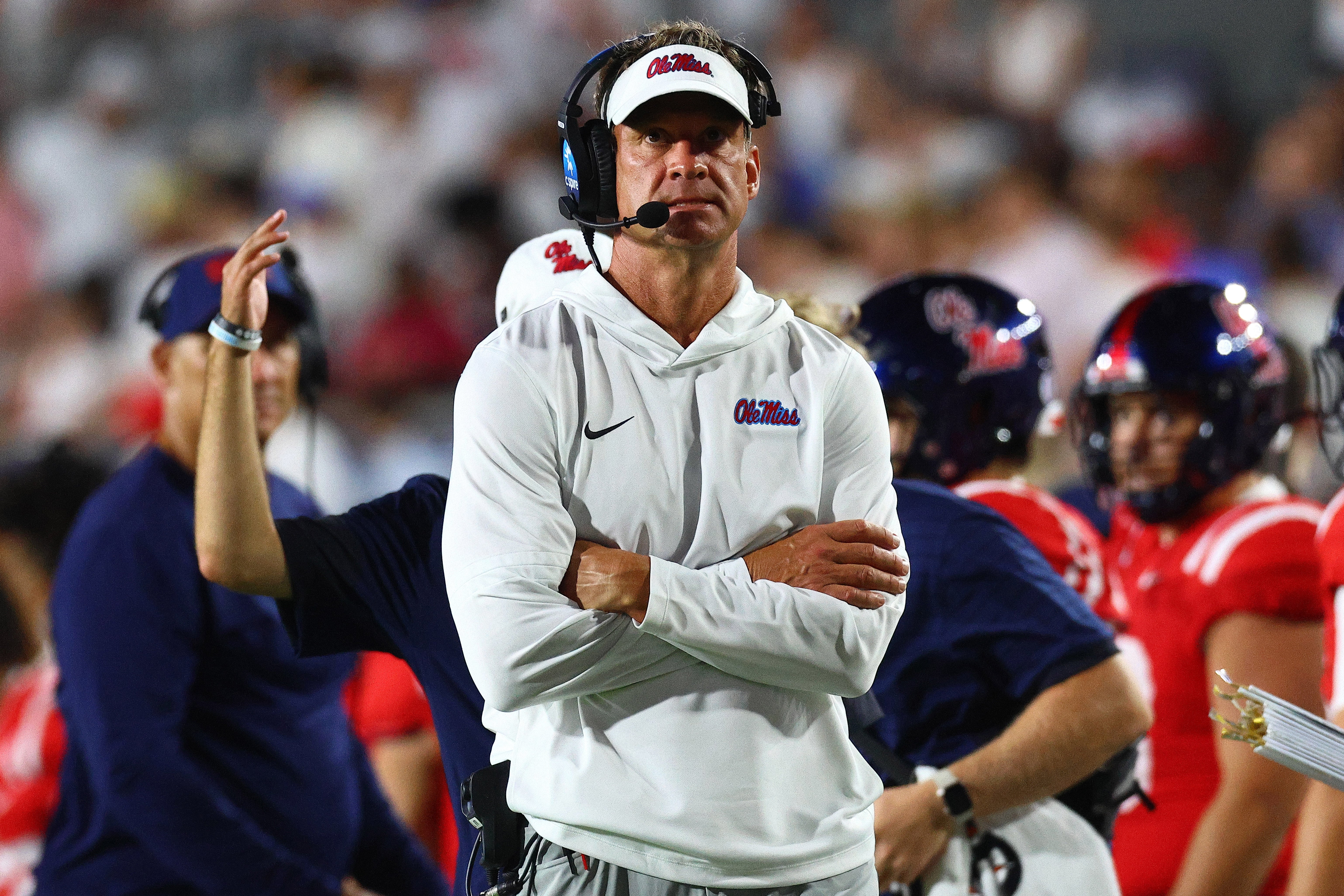Aug 30, 2025; Oxford, Mississippi, USA; Mississippi Rebels head coach Lane Kiffin looks on during the fourth quarter against the Georgia State Panthers at Vaught-Hemingway Stadium.