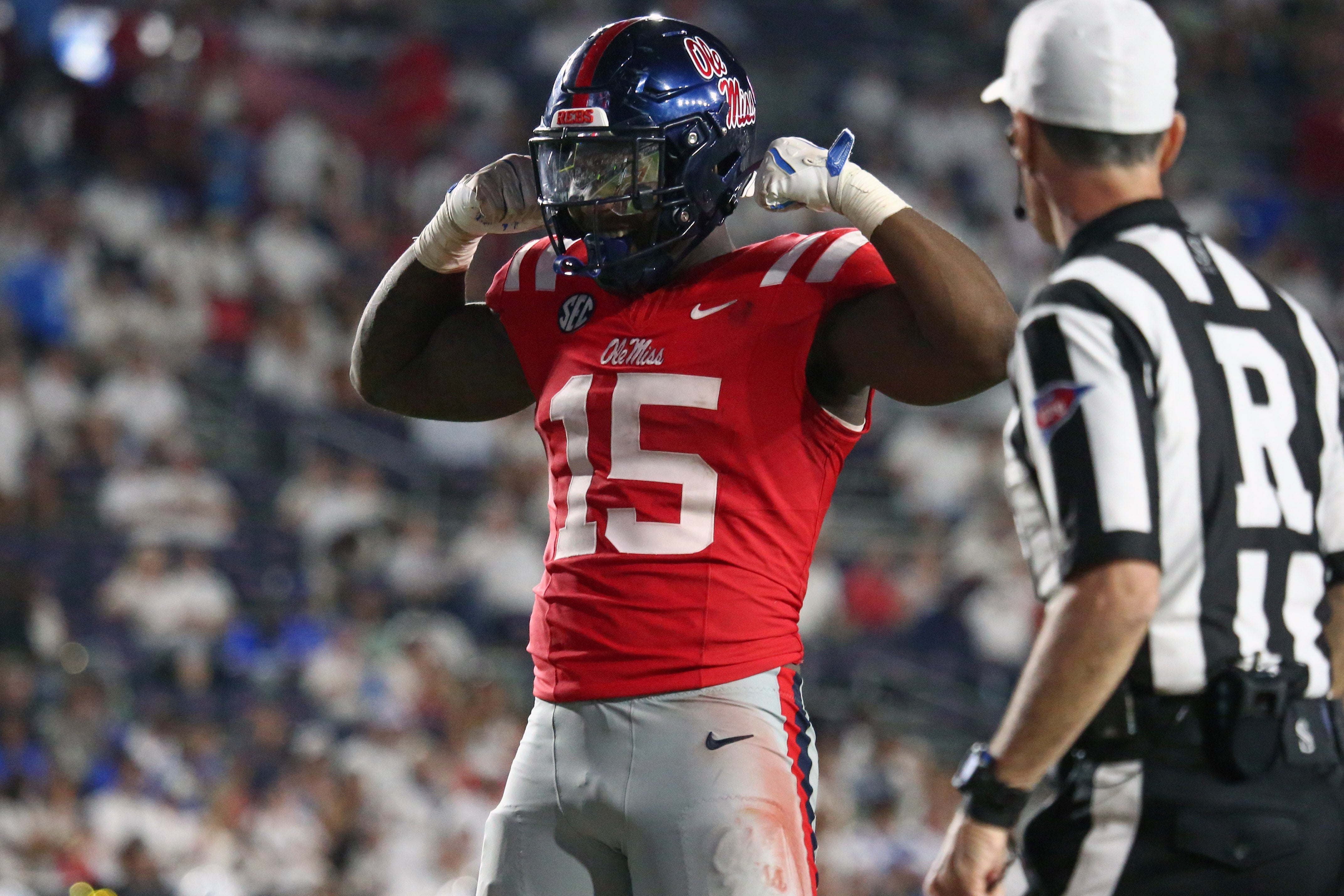 Aug 30, 2025; Oxford, Mississippi, USA; Mississippi Rebels defensive end Da'Shawn Womack (15) reacts after a tackle during the fourth quarter against the Georgia State Panthers at Vaught-Hemingway Stadium. Mandatory Credit: Petre Thomas-Imagn Images