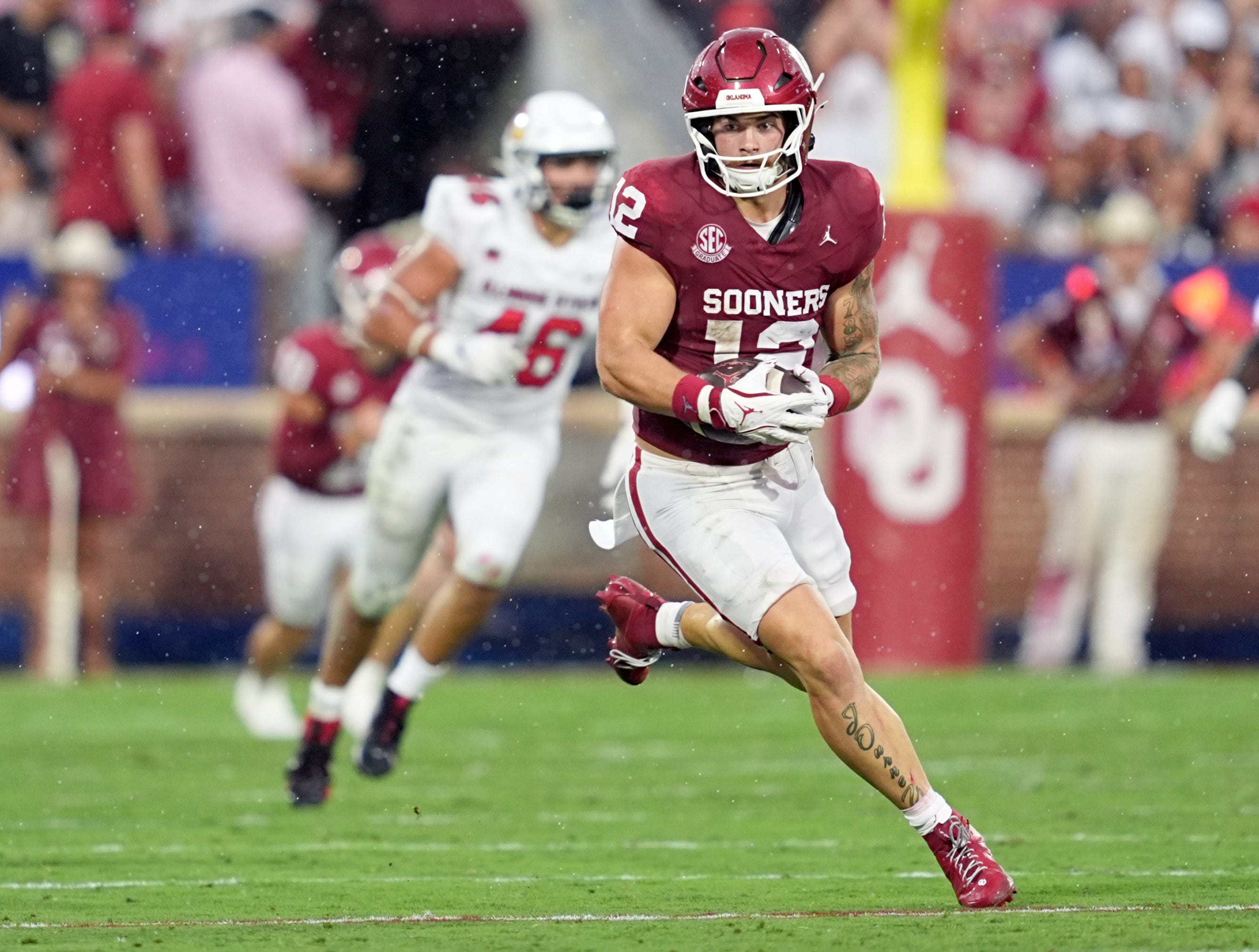 Oklahoma's Jaren Kanak (12) runs after a catch in the first half of the college football game between the University of Oklahoma Sooners and the Illinois State Redbirds at the Gaylord Family Ð Oklahoma Memorial Stadium in Norman, Okla., Saturday, Aug. 30, 2025.