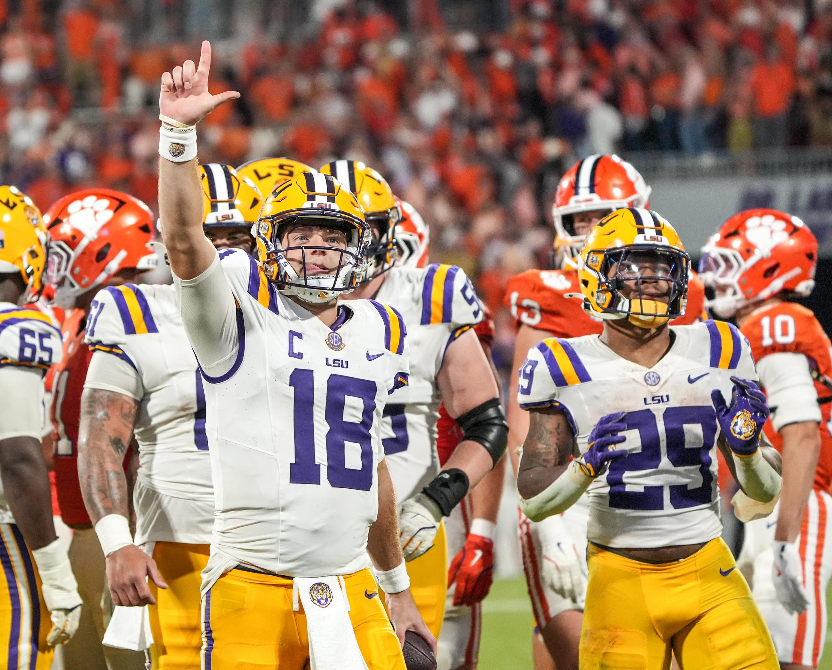 Louisiana State University quarterback Garrett Nussmeier (18) reacts after the last snap and play after LSU beat Clemson 17-10 at Memorial Stadium in Clemson, S.C. Saturday, August 30, 2025.