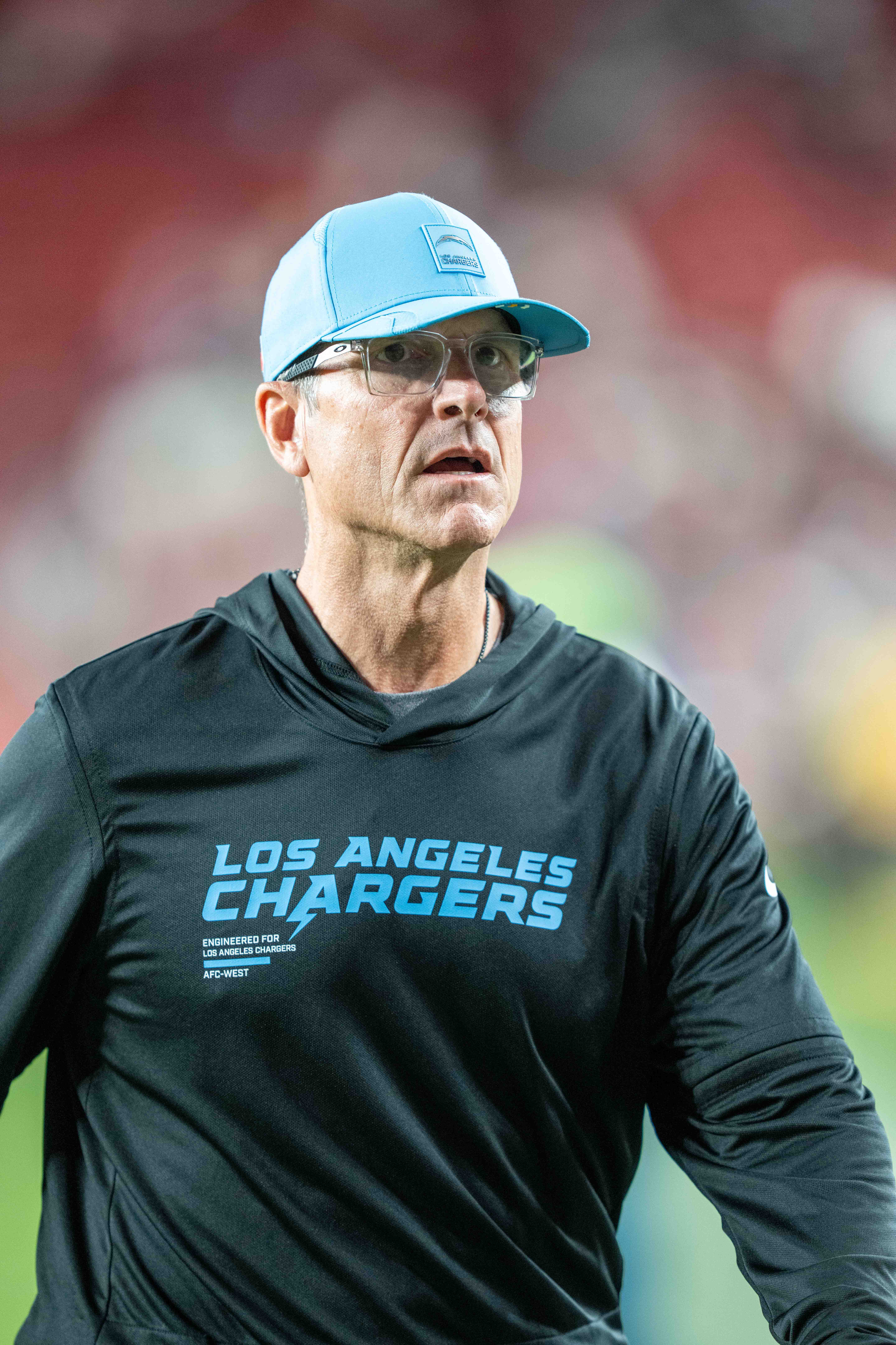 August 23, 2025; Santa Clara, California, USA; Los Angeles Chargers head coach Jim Harbaugh after the game against the San Francisco 49ers at Levi's Stadium. Mandatory Credit: Kyle Terada-Imagn Images
