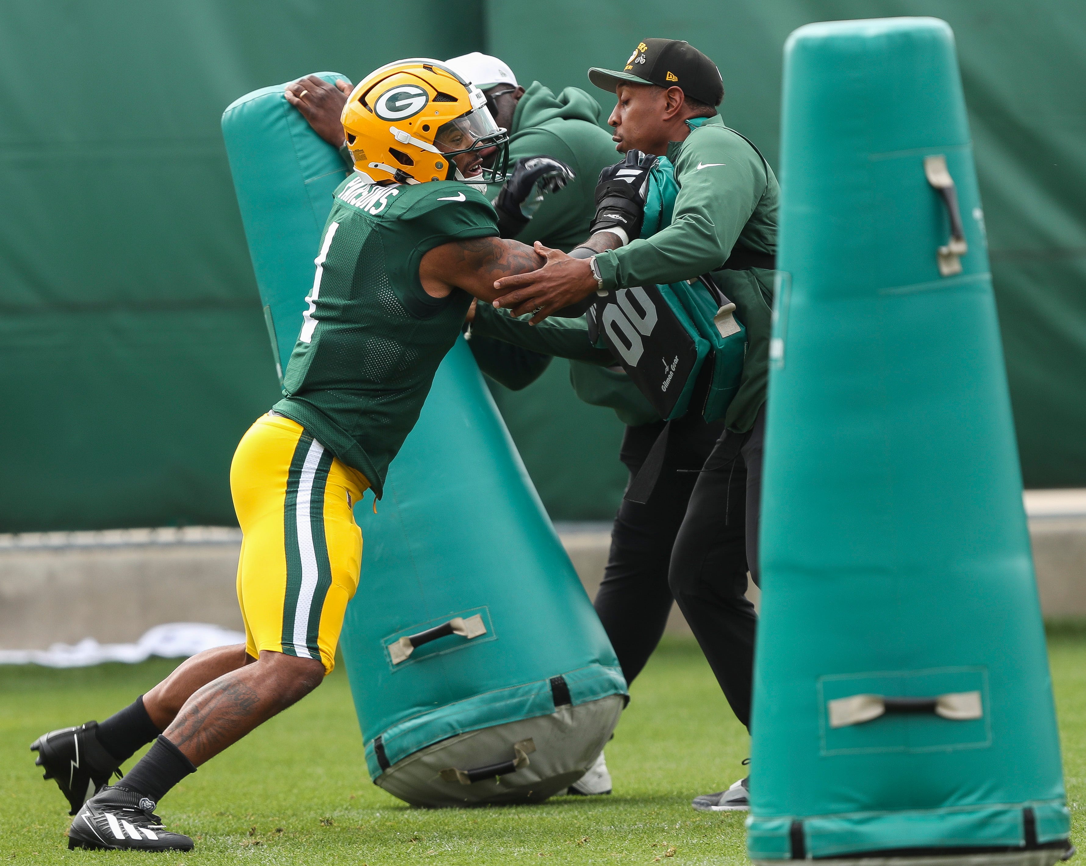 Green Bay Packers defensive end Micah Parsons (1) runs through a drill during practice on Wednesday, September 3, 2025, at Clarke Hinkle Field in Ashwaubenon, Wis.