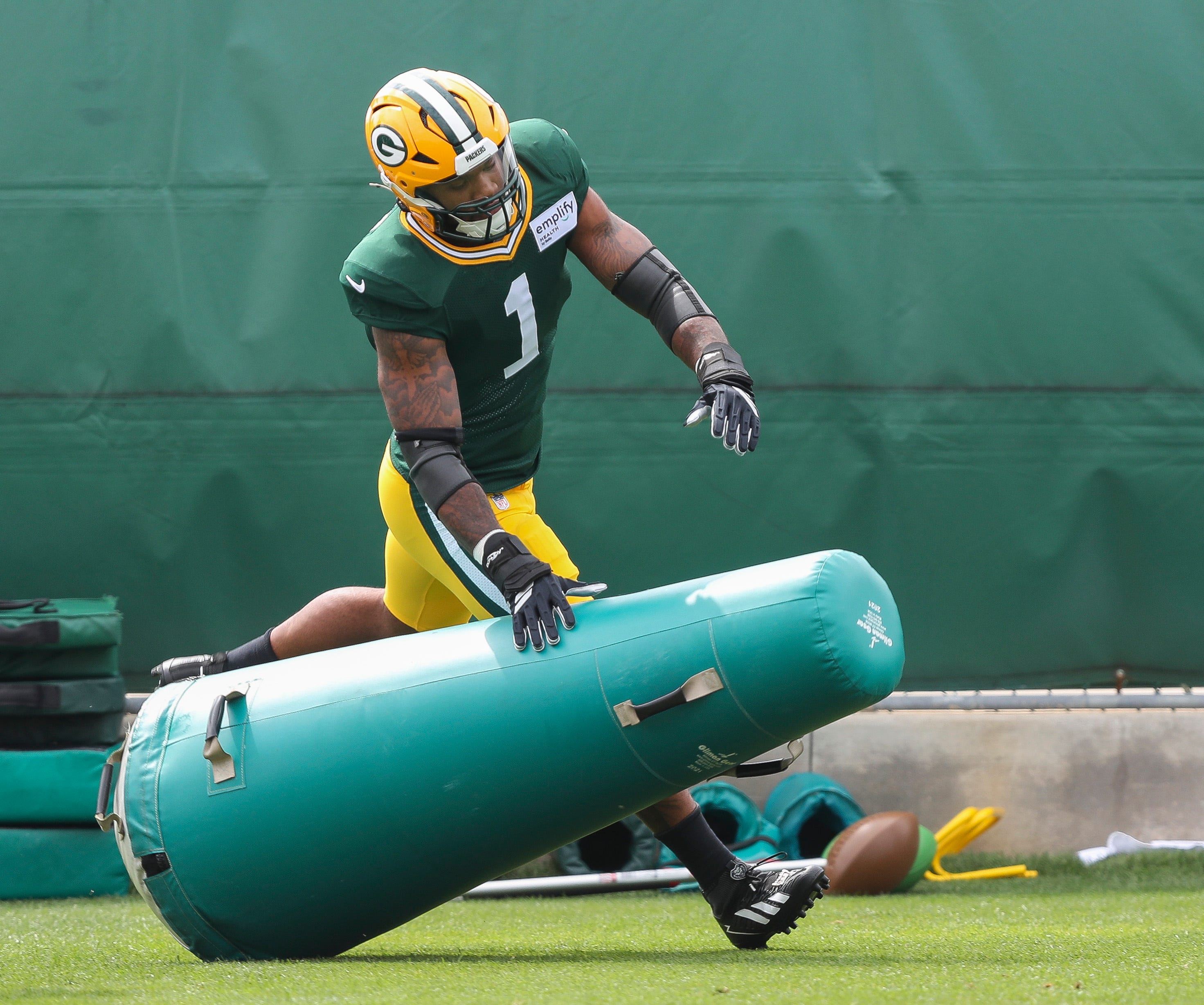 Green Bay Packers defensive end Micah Parsons (1) runs through a drill during practice on Wednesday, September 3, 2025, at Clarke Hinkle Field in Ashwaubenon, Wis.