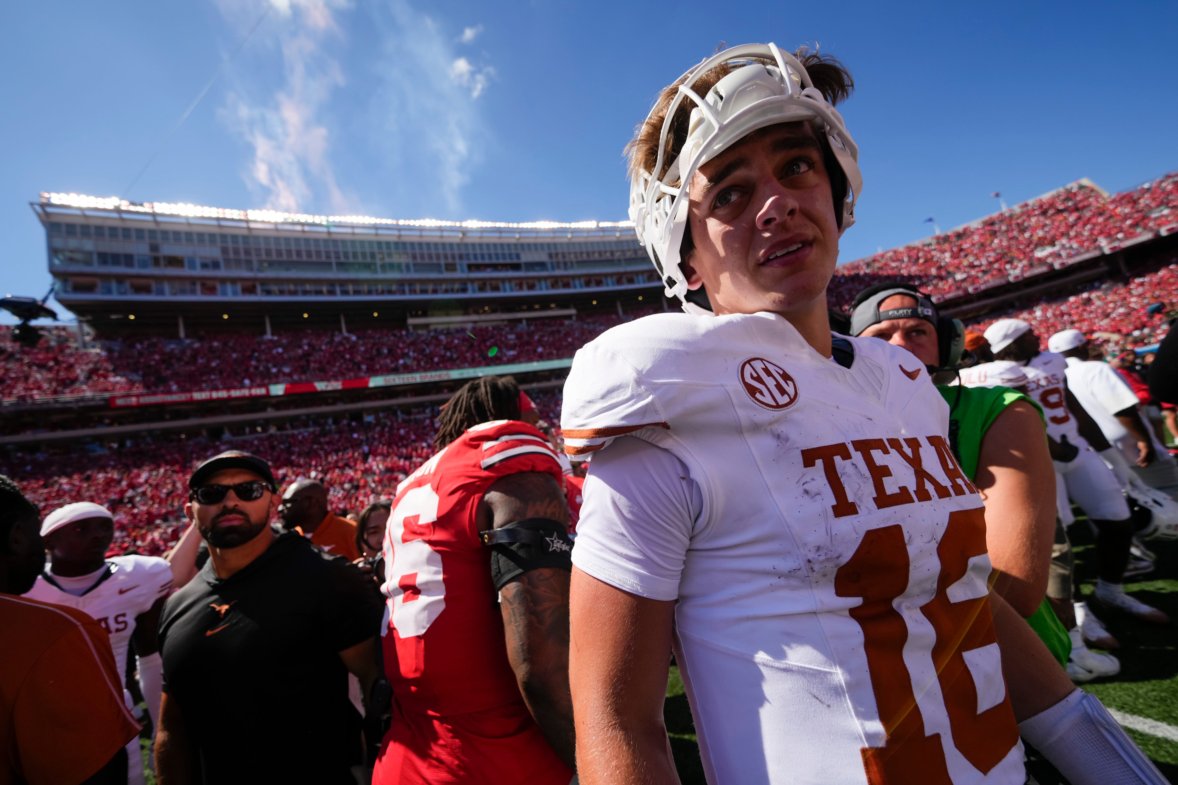 Texas Longhorns quarterback Arch Manning (16) leaves the field following the 14-7 loss to the Ohio State Buckeyes in the NCAA football game at Ohio Stadium on Aug. 30, 2025.
