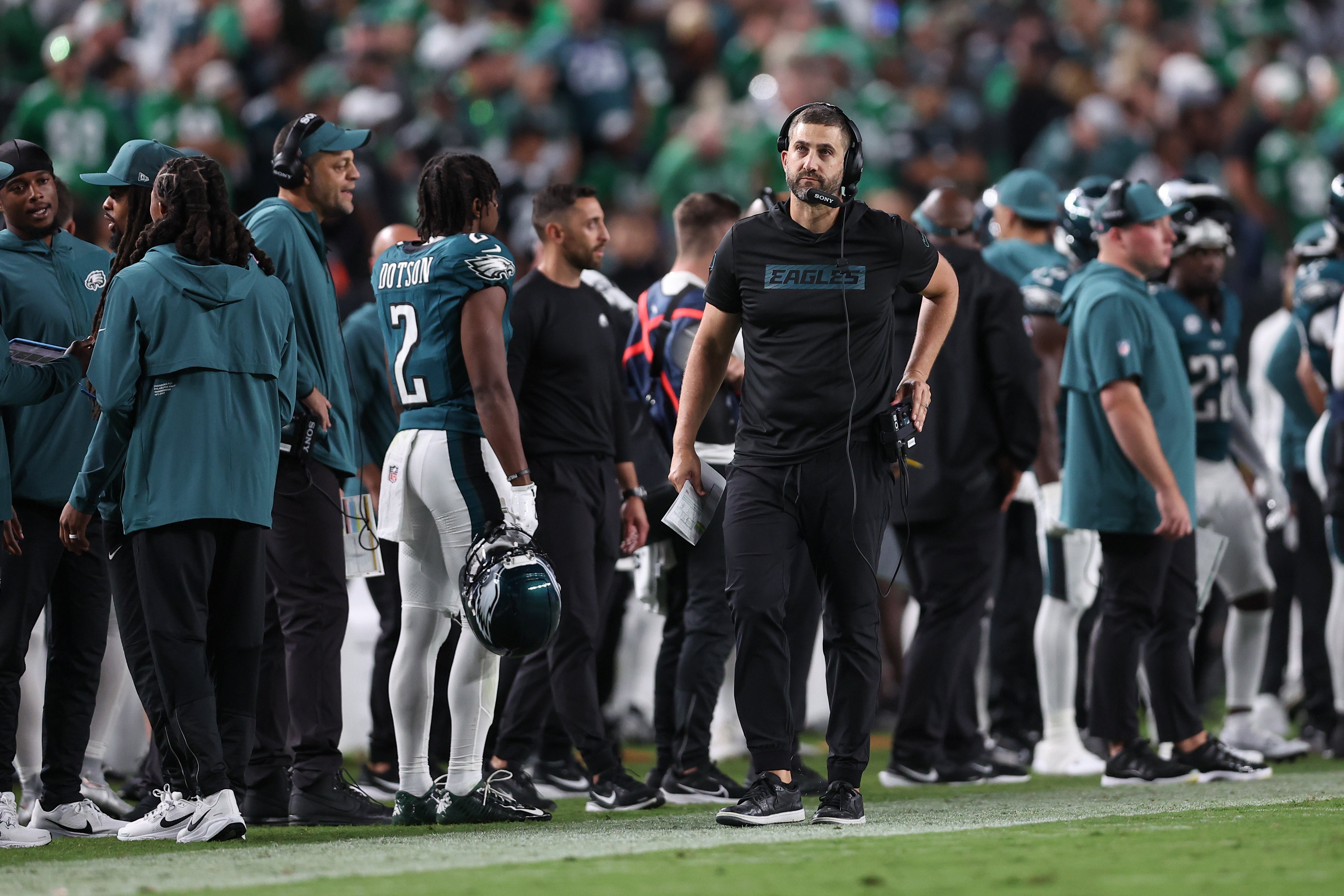 Philadelphia Eagles head coach Nick Sirianni looks on during the fourth quarter of the game against the Dallas Cowboys at Lincoln Financial Field.
