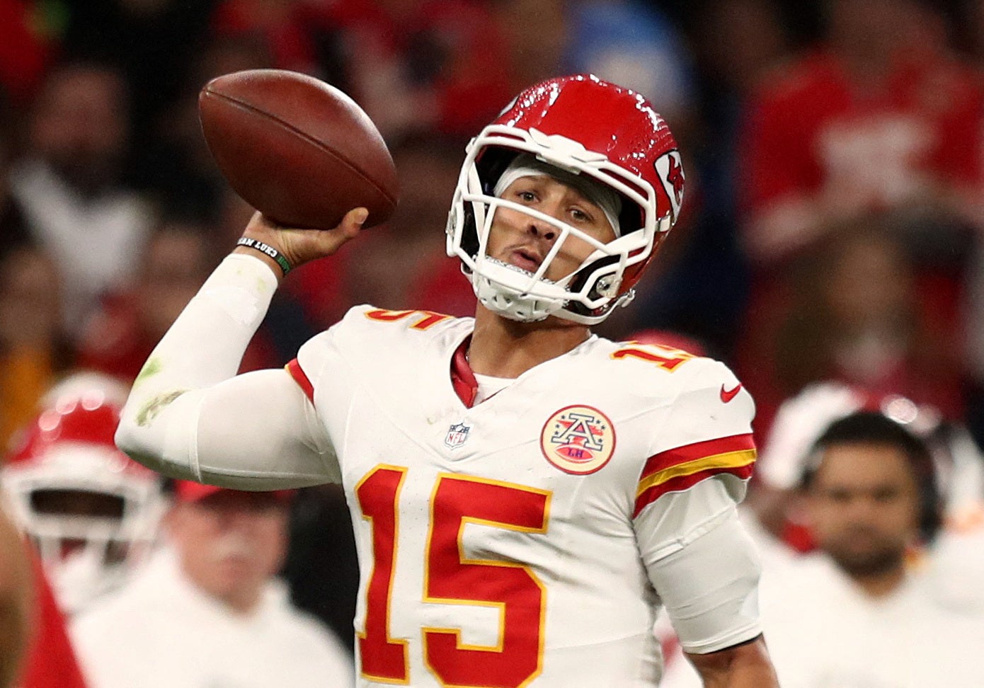 [US, Mexico & Canada customers only] Sep 5, 2025; Sao Paulo, BRAZIL; Kansas City Chiefs quarterback Patrick Mahomes (15) passes in the first half against the Los Angeles Chargers at Corinthians Arena.