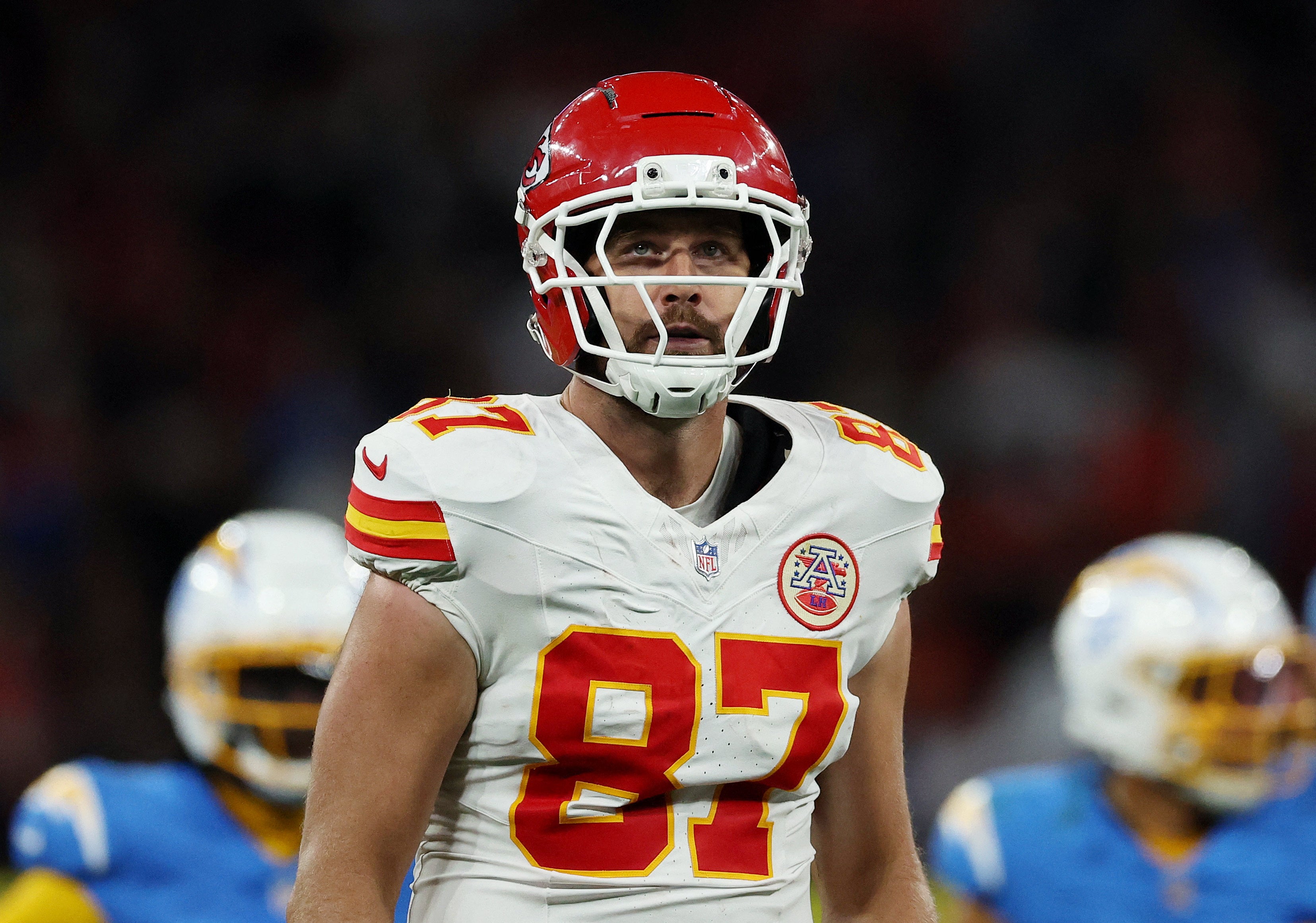Kansas City Chiefs tight end Travis Kelce (87) looks on against the Los Angeles Chargers