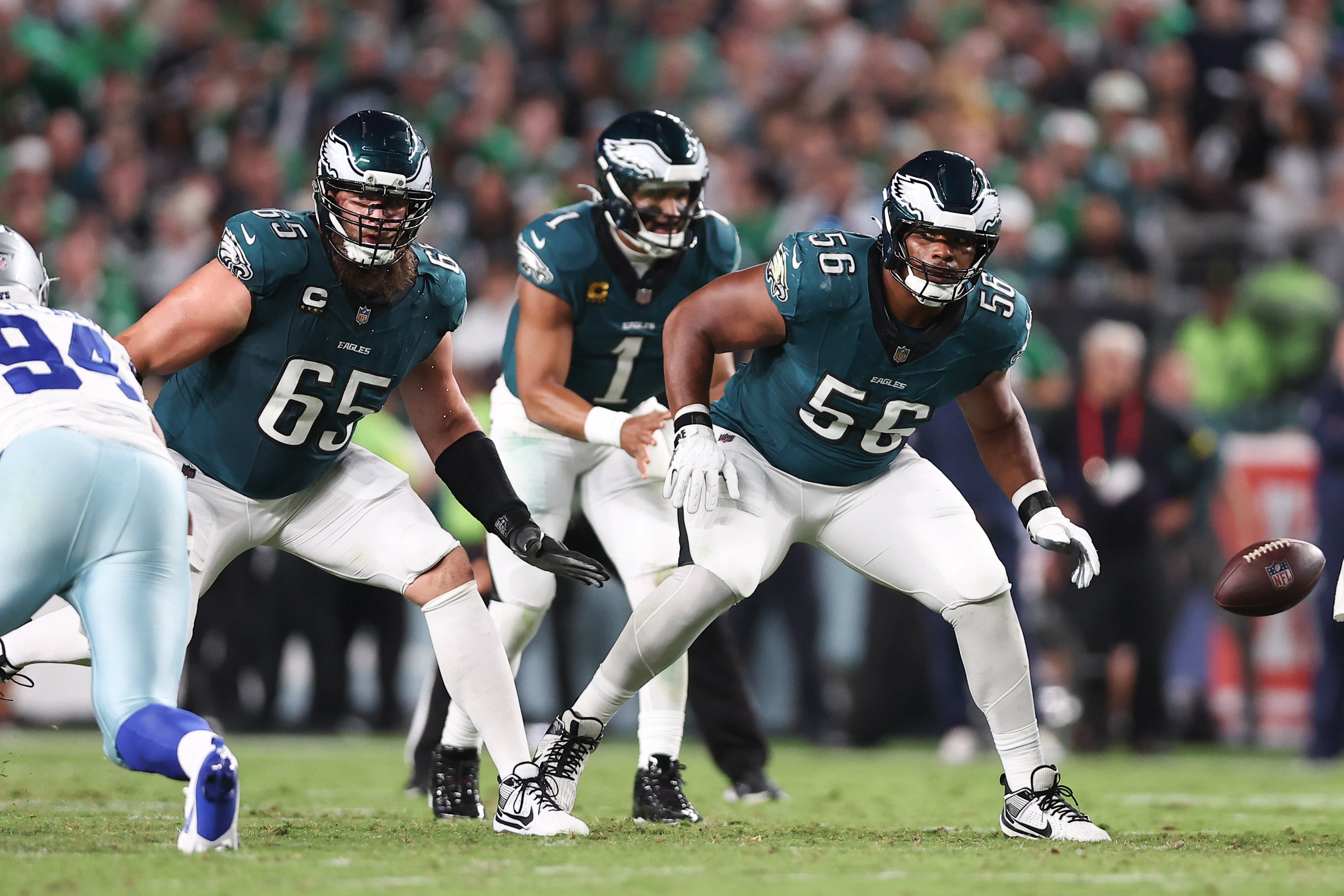 Philadelphia Eagles guard Tyler Steen (56) and offensive tackle Lane Johnson (65) in action against the Dallas Cowboys at Lincoln Financial Field.