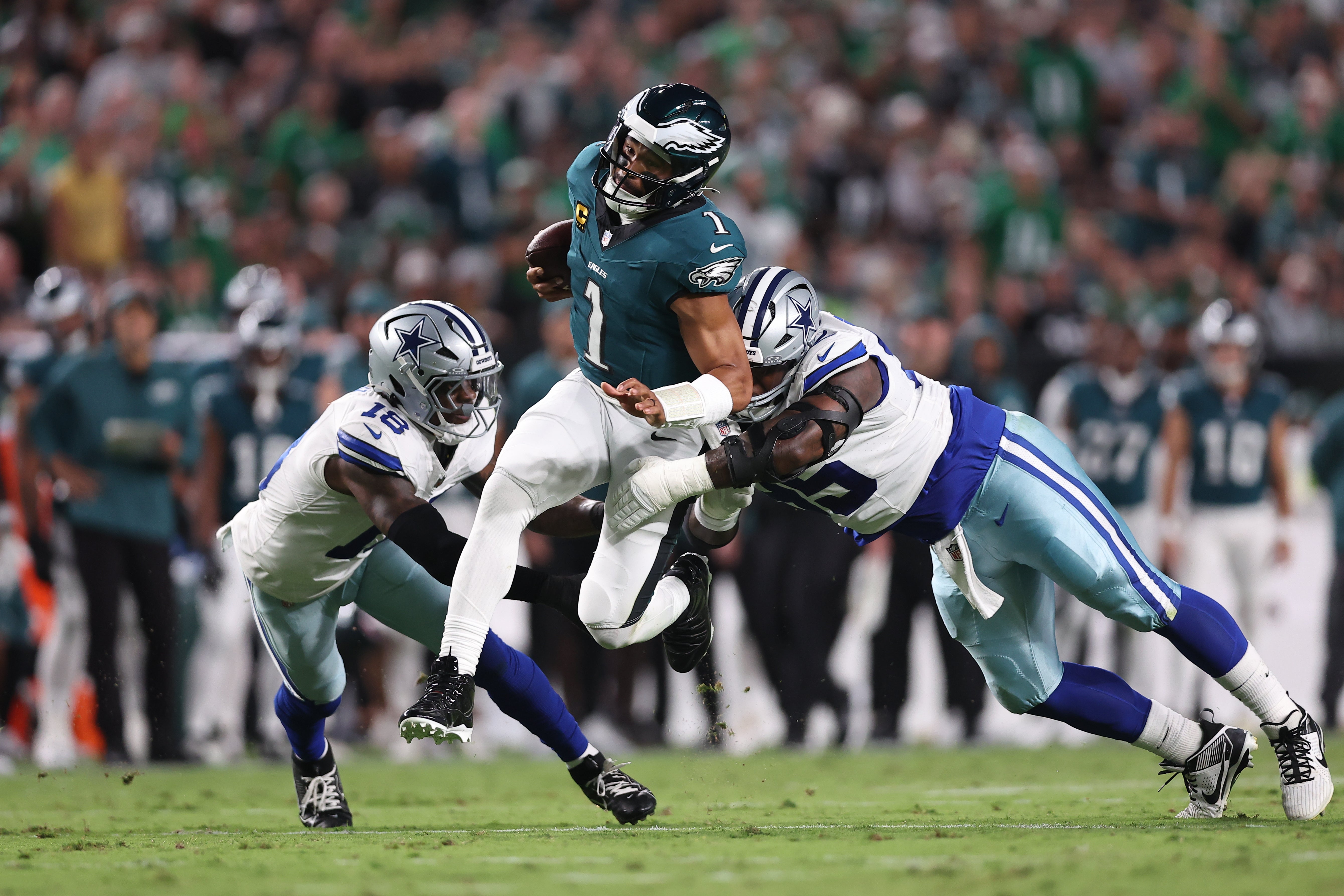 Philadelphia Eagles quarterback Jalen Hurts (1) in action against the Dallas Cowboys at Lincoln Financial Field.