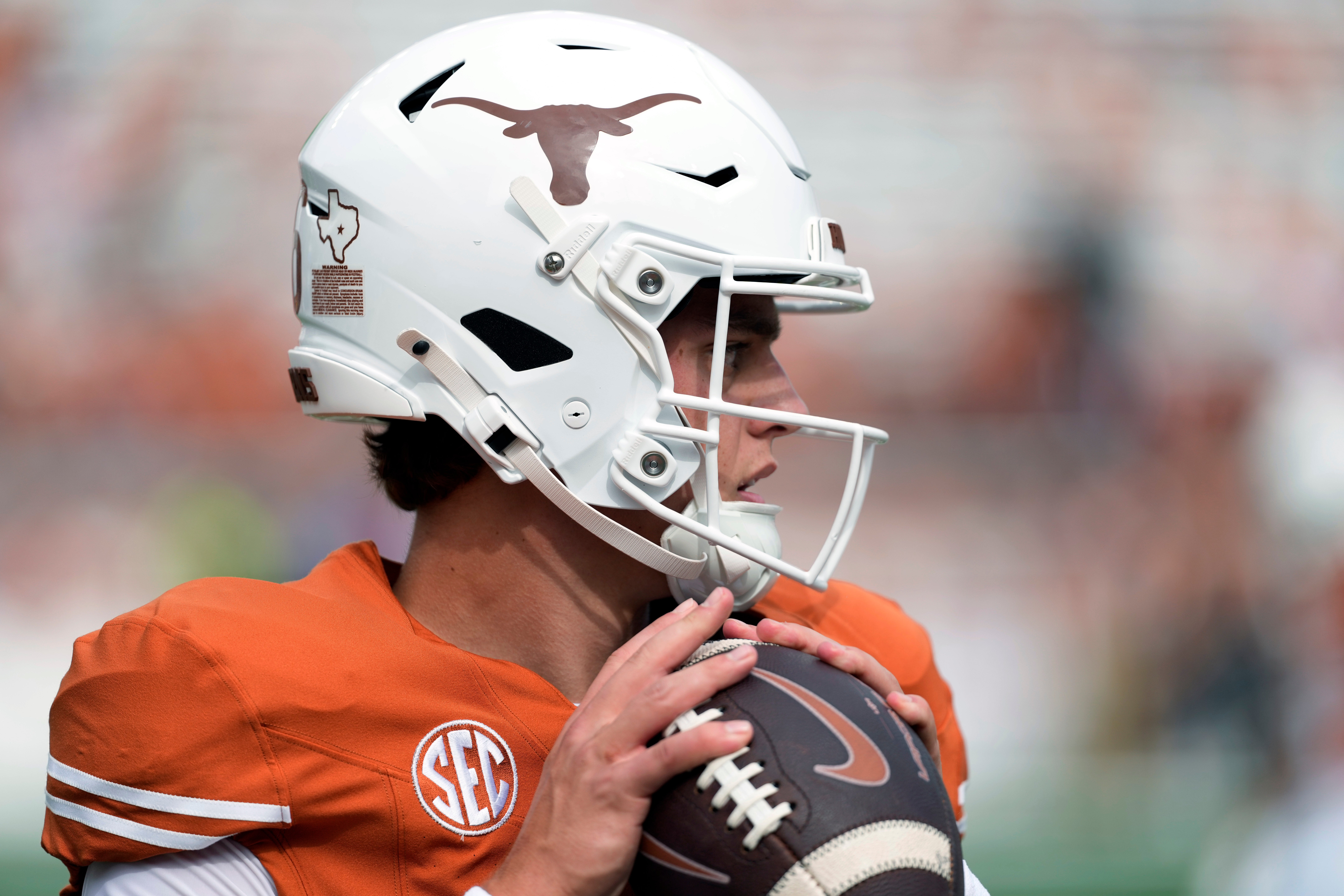 Sep 6, 2025; Austin, Texas, USA; Texas Longhorns quarterback Arch Manning (16) warms up before the game against San Jose State Spartans at Darrell K Royal-Texas Memorial Stadium.