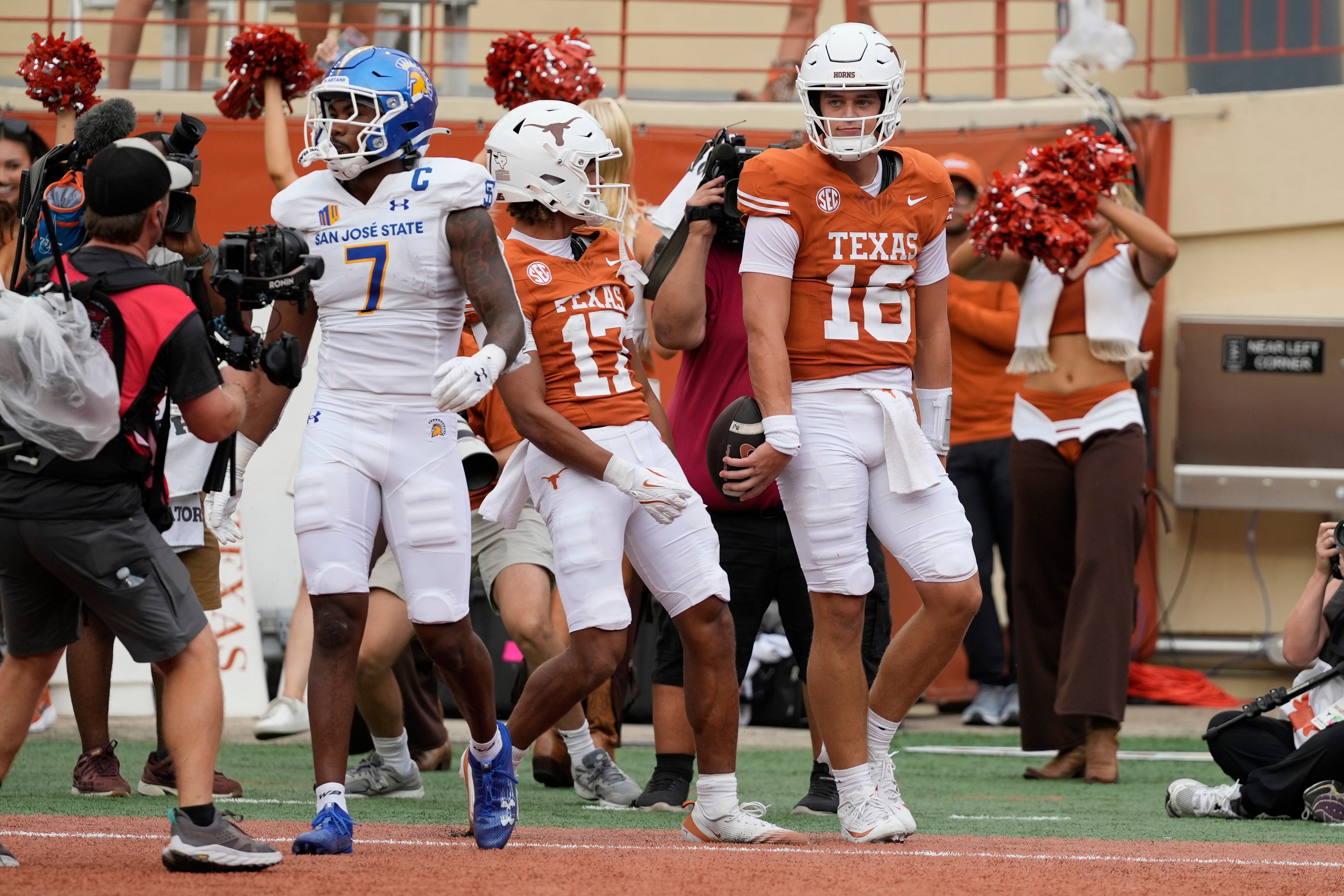 Sep 6, 2025; Austin, Texas, USA; Texas Longhorns quarterback Arch Manning (16) reacts after running for a touchdown during the second half against the San Jose State Spartans at Darrell K Royal-Texas Memorial Stadium.