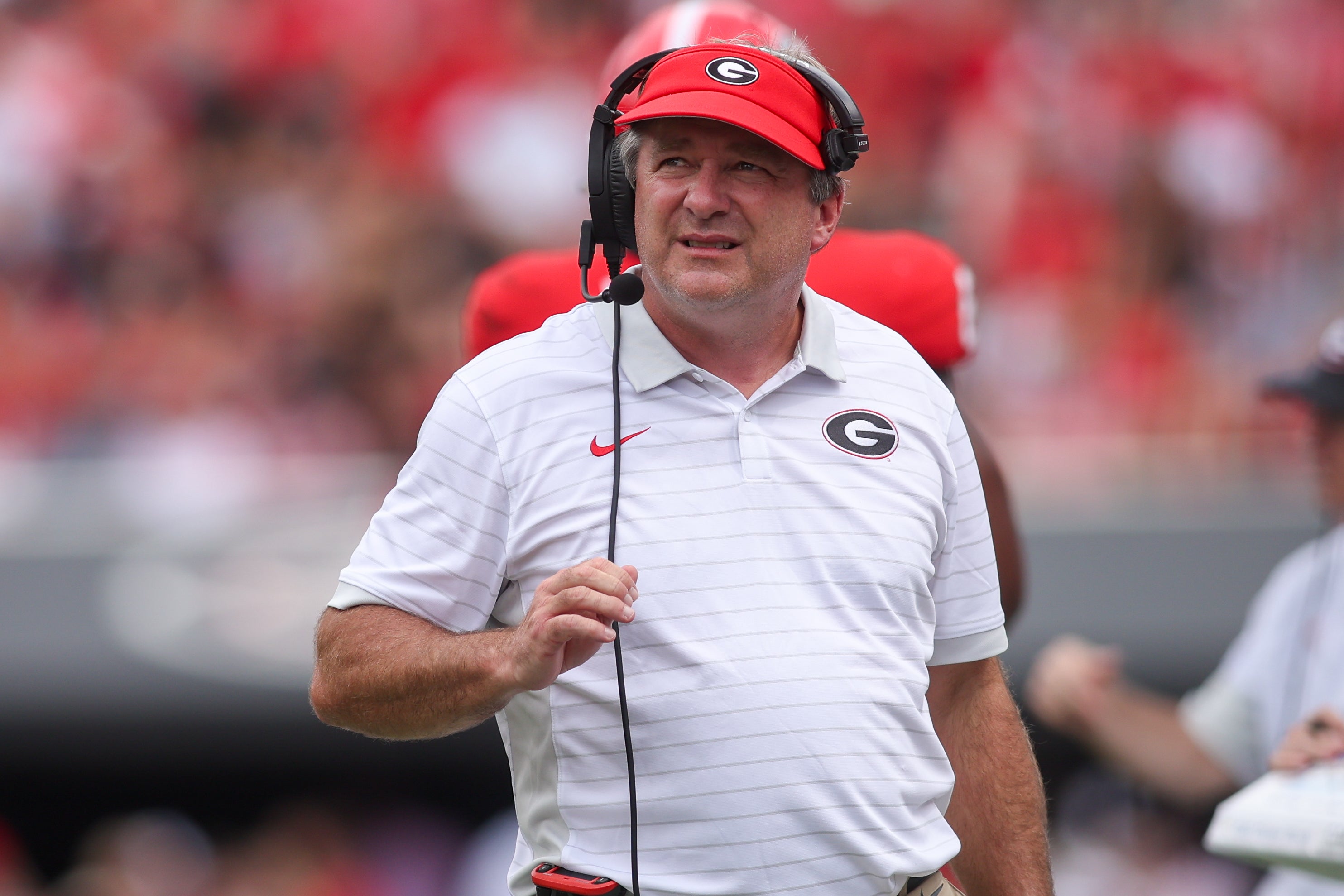Georgia Bulldogs head coach Kirby Smart on the sideline against the Austin Peay Governors in the first quarter at Sanford Stadium.